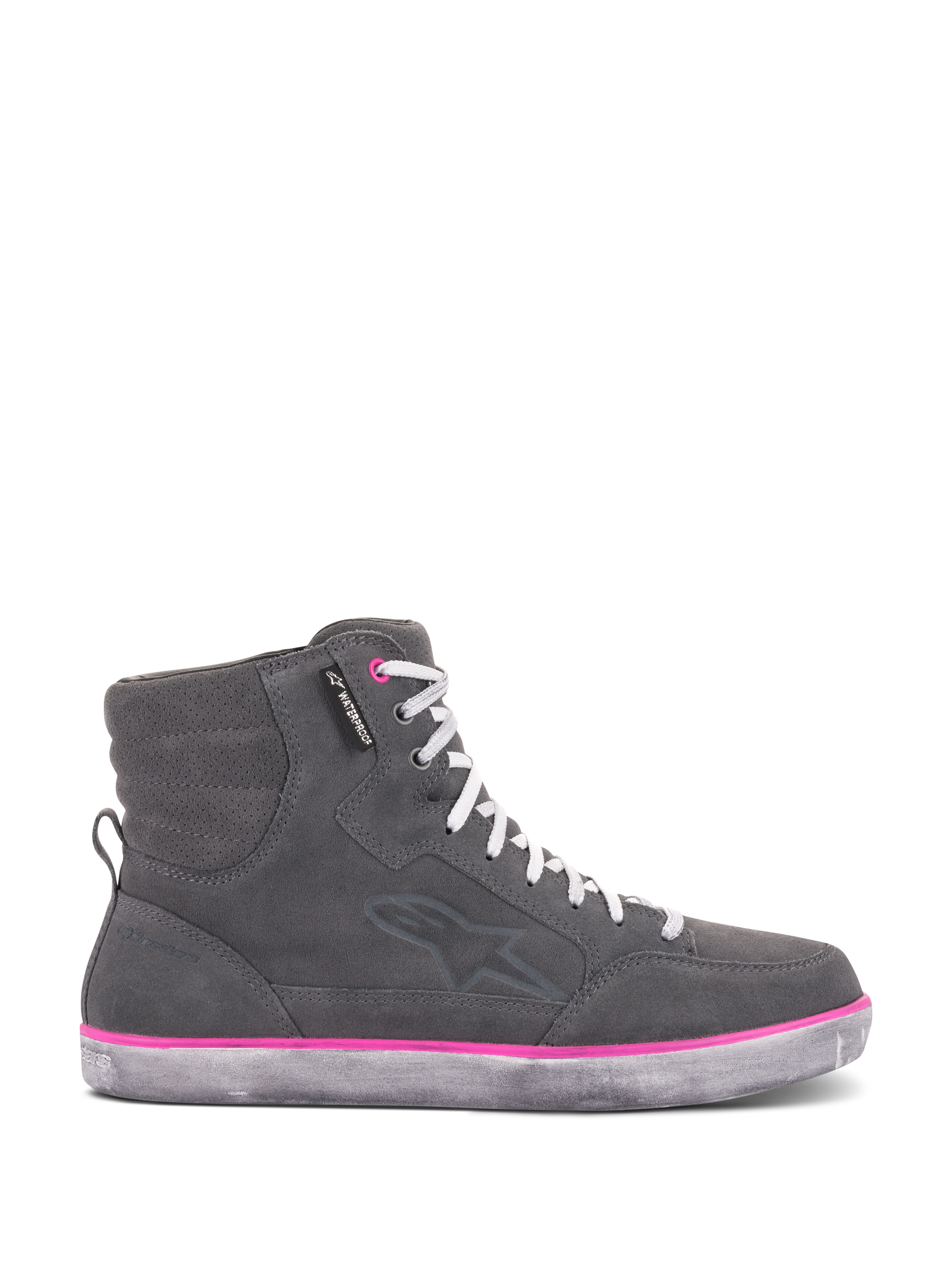 Alpinestars J-6 Waterproof damesschoenen, rijschoenen, grijs en fuchsia, high-top sneakerontwerp met een grijs suède bovenwerk, witte veters en een felroze accentlijn boven de verweerde rubberen zool