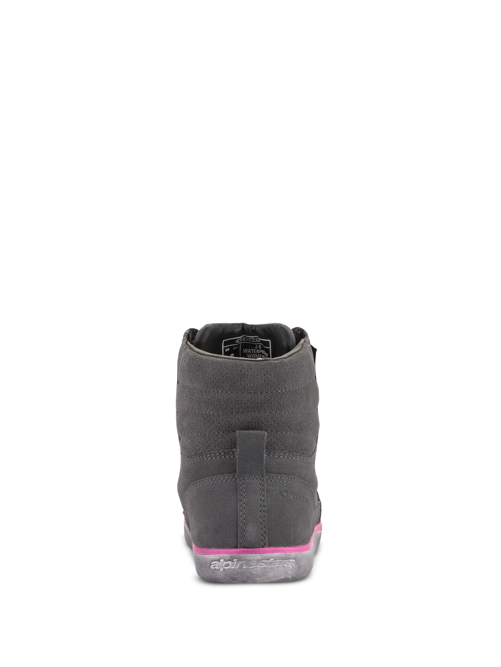 Alpinestars J-6 Waterproof damesschoen, grijs en fuchsia, achteraanzicht, suède bovenwerk met roze detail op de tussenzool en reliëflogo op de rubberen zool, urban motorschoeisel