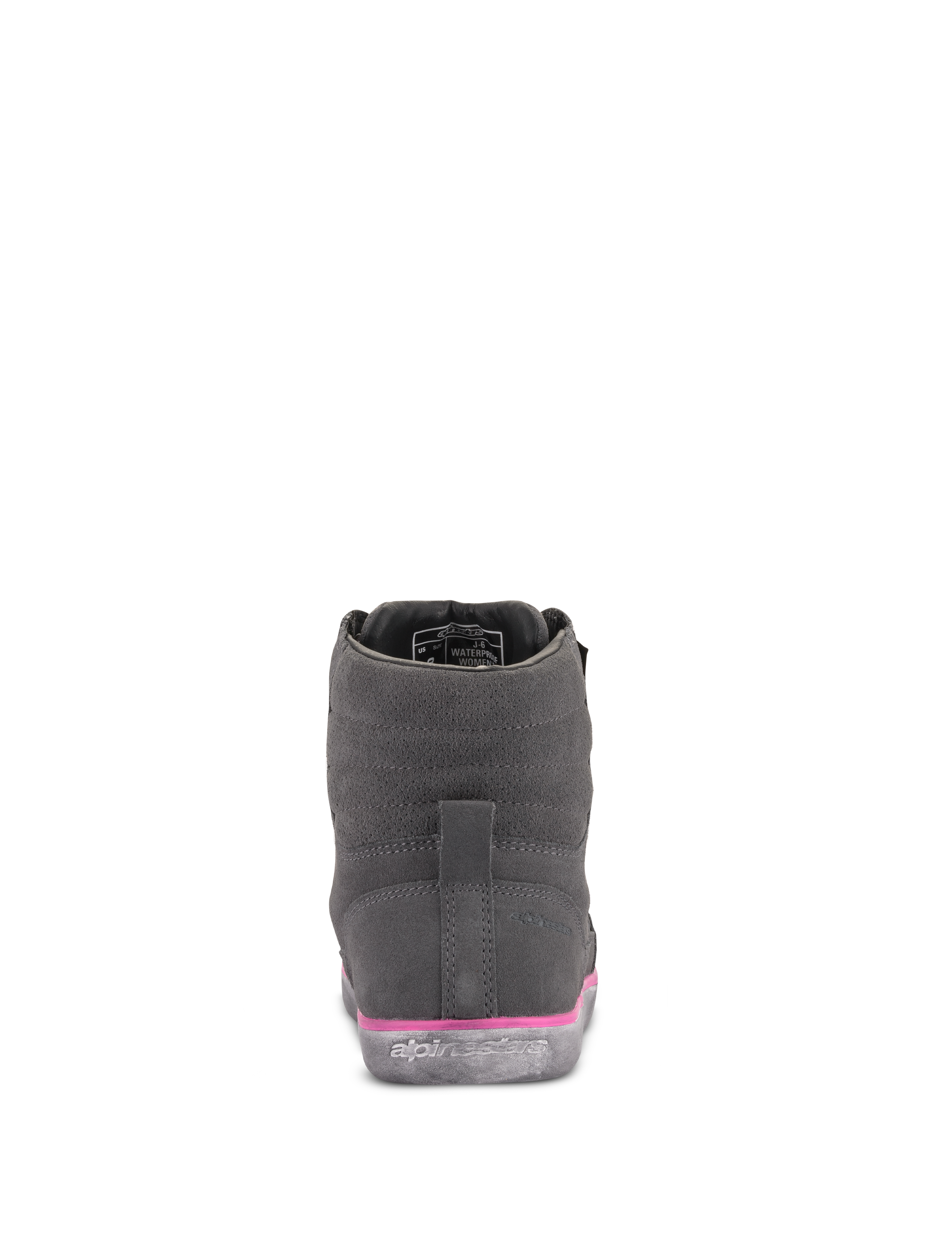 Alpinestars J-6 Waterproof damesschoen, grijs en fuchsia, achteraanzicht, suède bovenwerk met roze detail op de tussenzool en reliëflogo op de rubberen zool, urban motorschoeisel
