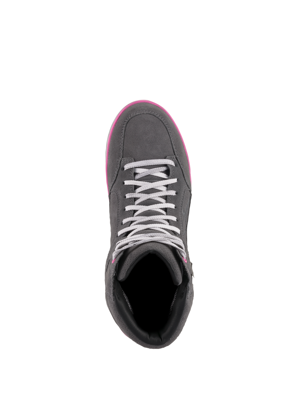 Alpinestars J-6 Waterproof damesschoenen, rijschoenen, grijs en fuchsia, bovenaanzicht met suède en leren constructie, lichtgrijze veters en felroze zoolrand.