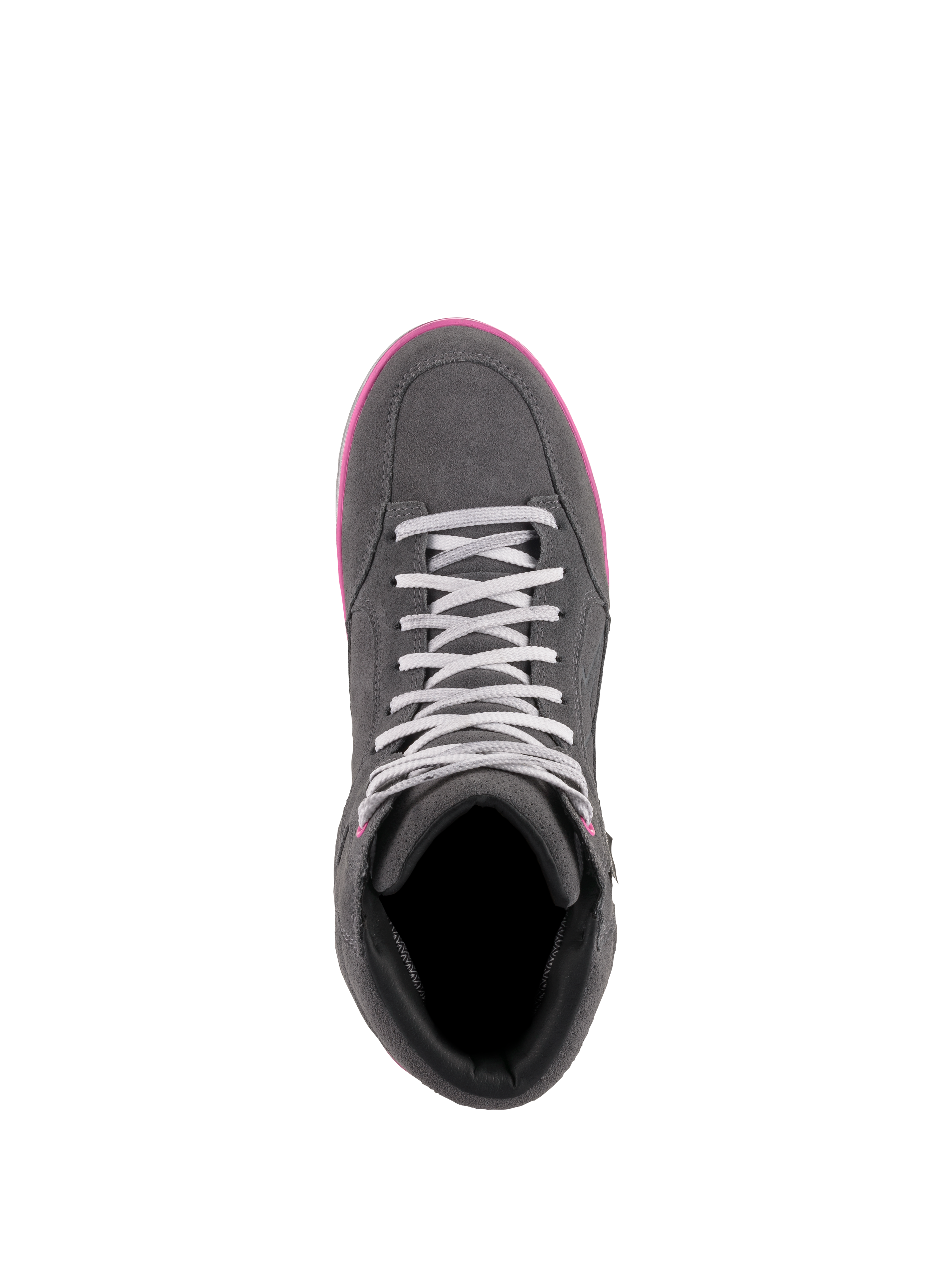 Alpinestars J-6 Waterproof damesschoenen, rijschoenen, grijs en fuchsia, bovenaanzicht met suède en leren constructie, lichtgrijze veters en felroze zoolrand.
