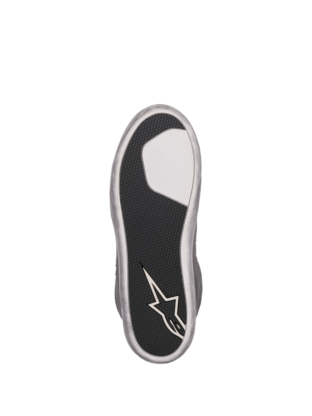Alpinestars J-6 Waterproof damesschoenen, onderaanzicht zool, zwarte rubberen zool met textuur, witte inzet en Alpinestars sterlogo op de hiel, zilvergrijze rand, duurzaam ontwerp voor grip