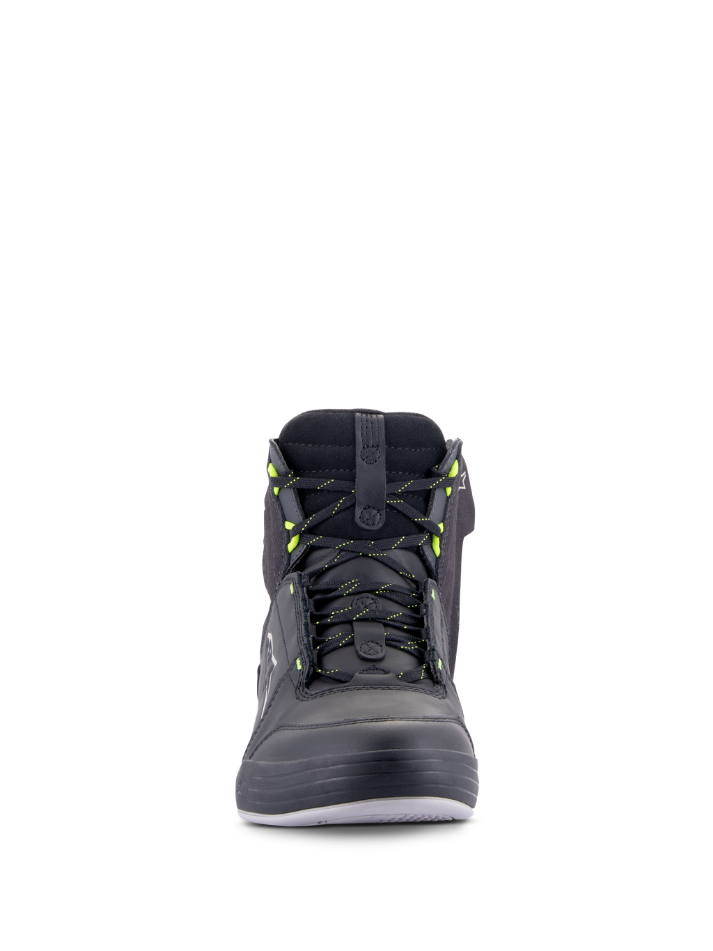 Alpinestars Chrome Drystar® schoenen, stedelijke motorschoenen, zwart donkergrijs en fluogeel, vooraanzicht met veters met gele accenten, hoge constructie van leer en suède, waterdicht casual streetwear-ontwerp