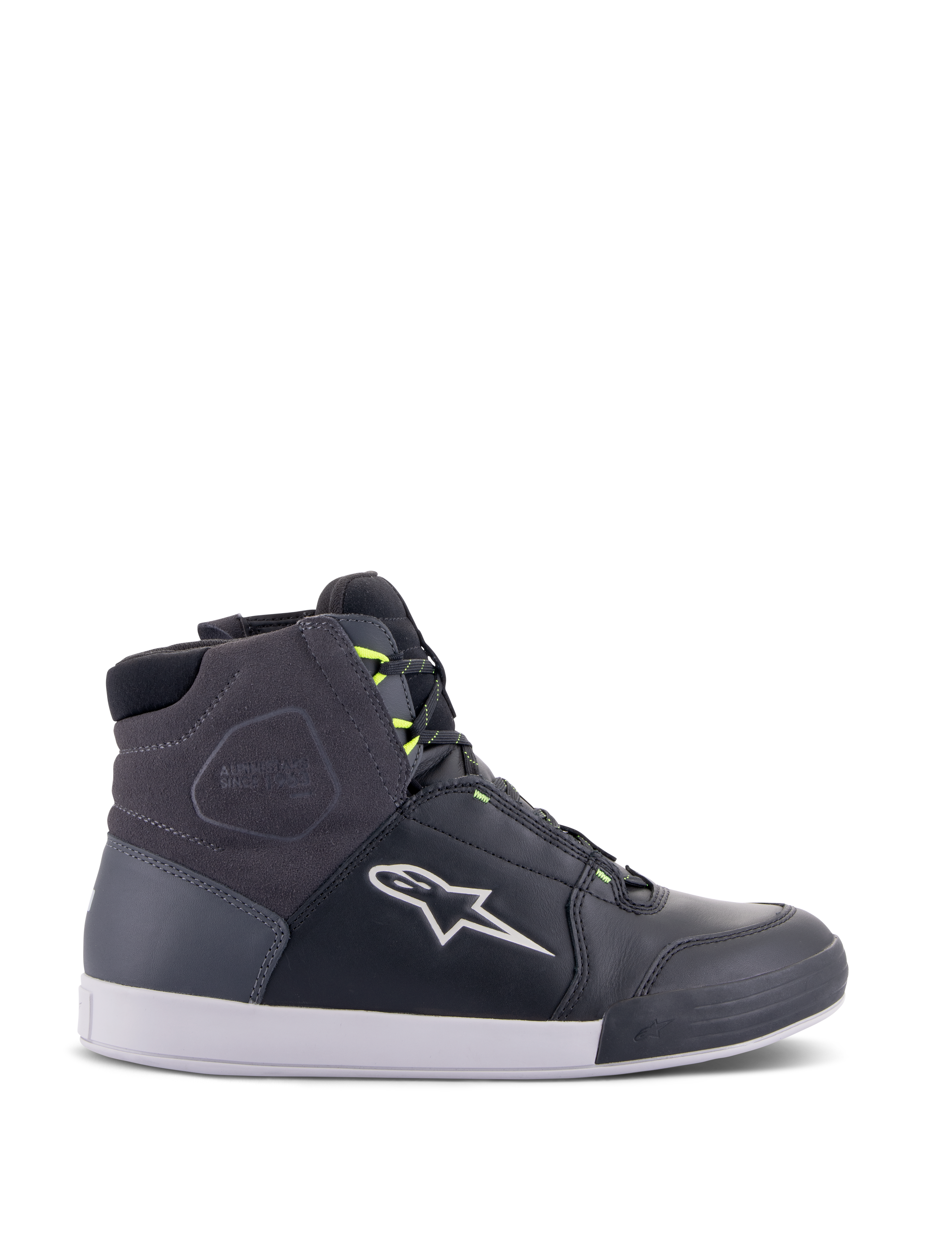Alpinestars Chrome Drystar schoenen, urban motorrij-sneakers in zwart, donkergrijs en neongeel, met panelen van premium leer en suède, witte zool, neongele veters en kenmerkend sterlogo
