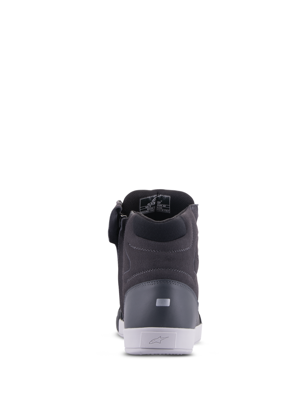 Alpinestars Chrome Drystar® schoenen, urban motorschoenen, zwart en donkergrijs met witte zool, achteraanzicht met gewatteerde kraag en reflecterend hieldetail, modern casual street-style ontwerp.