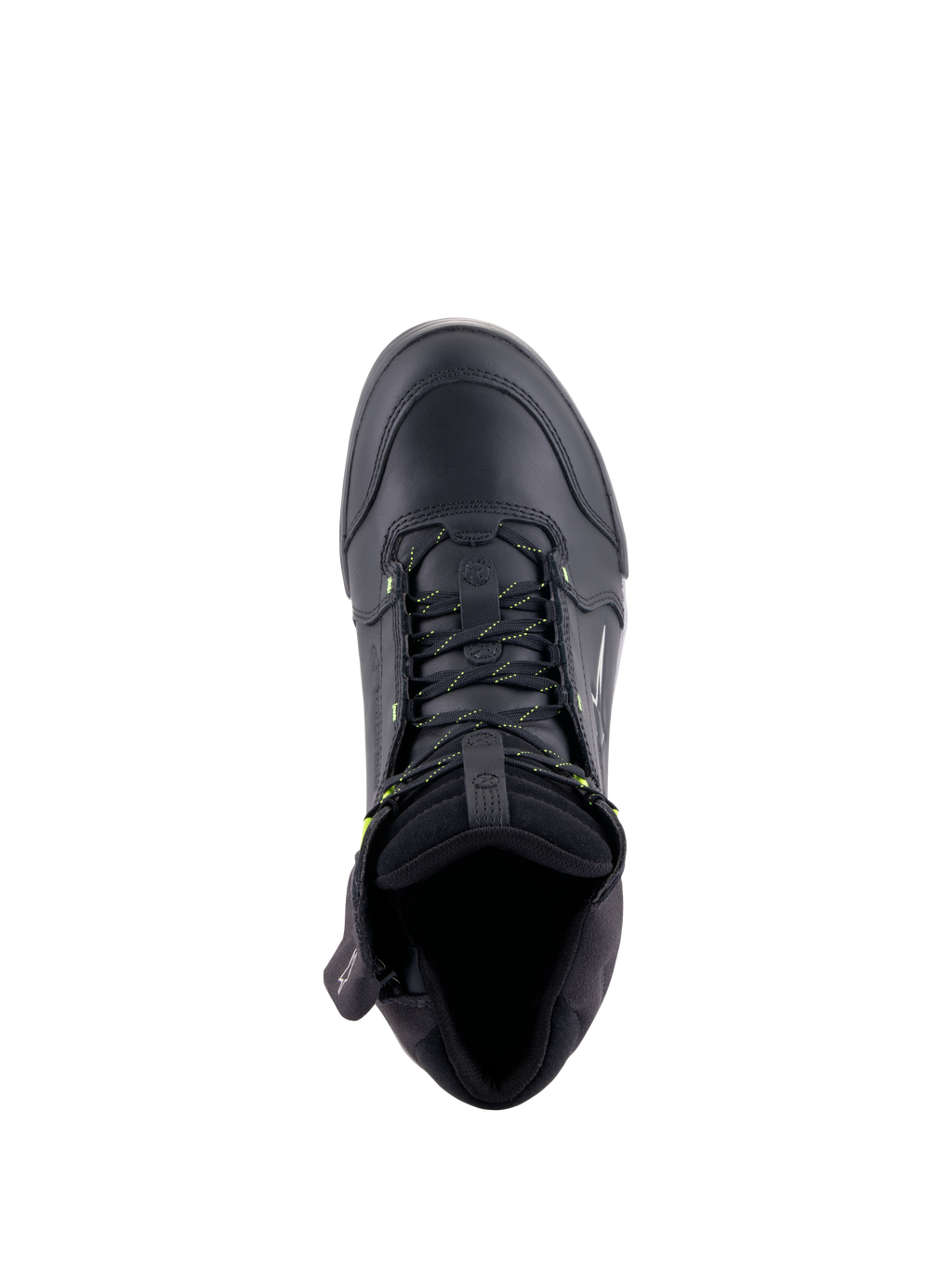 Alpinestars Chrome Drystar® schoenen, stedelijke motorschoenen, zwart en fluogeel, bovenaanzicht met premium leren constructie, veters met gele accenten en gevoerde kraag voor comfort