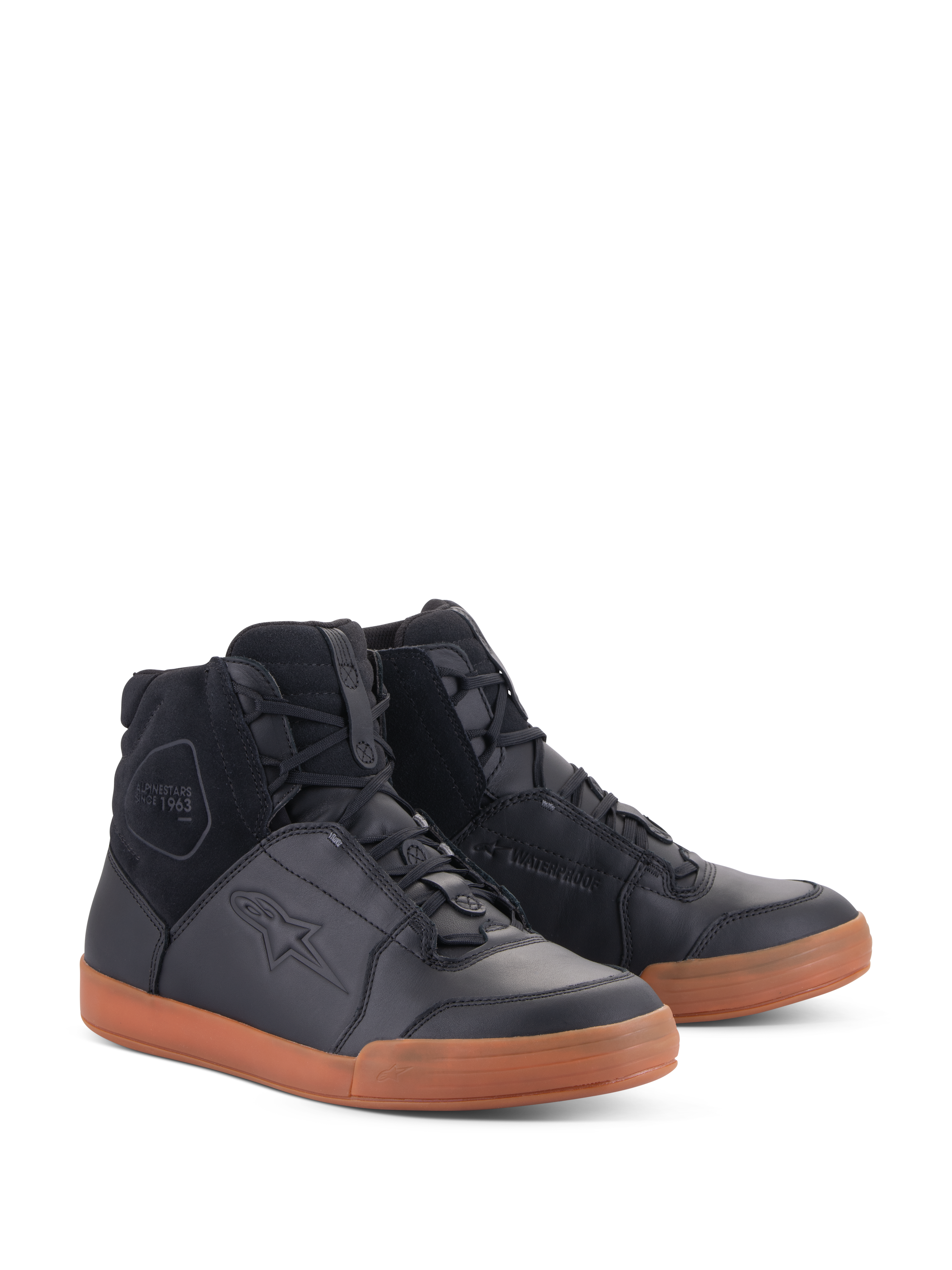 Alpinestars Chrome Drystar® Shoes, Urban Waterproof Motorcycle Shoes, Black leather and suede upper with Gum tan sole, high-top sneaker design, casual riding gear with protective features