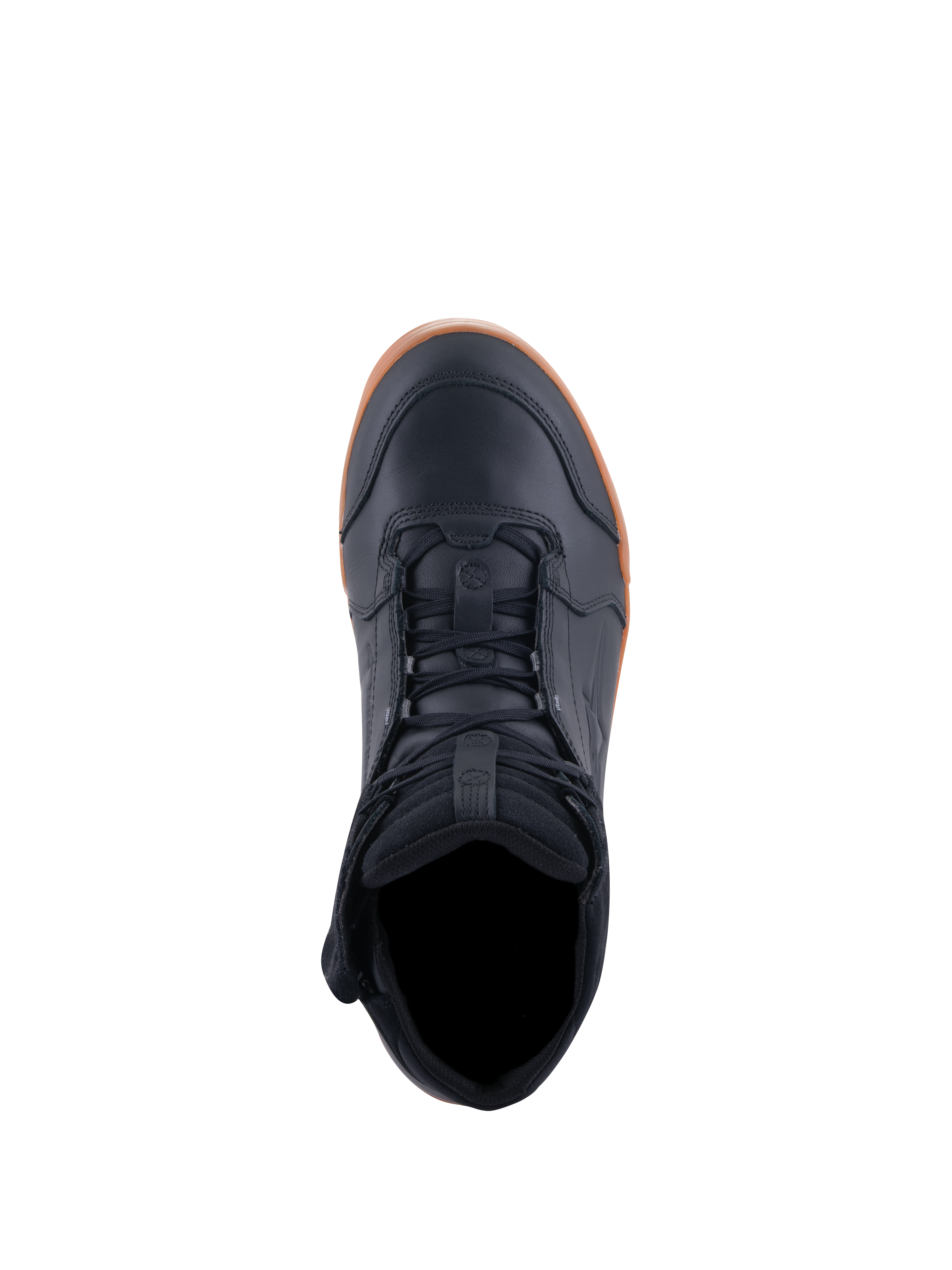 Alpinestars Chrome Drystar® Shoes, Motorcycle Riding Shoes, Black and Gum, top-down view showing lacing and padded collar, casual urban design with leather upper and gum rubber sole