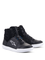 Alpinestars Chrome Drystar® Shoes, Urban Motorcycle Riding Shoes, Black and White with Blue accents, high-top sneaker design featuring leather and suede upper, white contrast sole and white Astars logo, waterproof footwear for street riding
