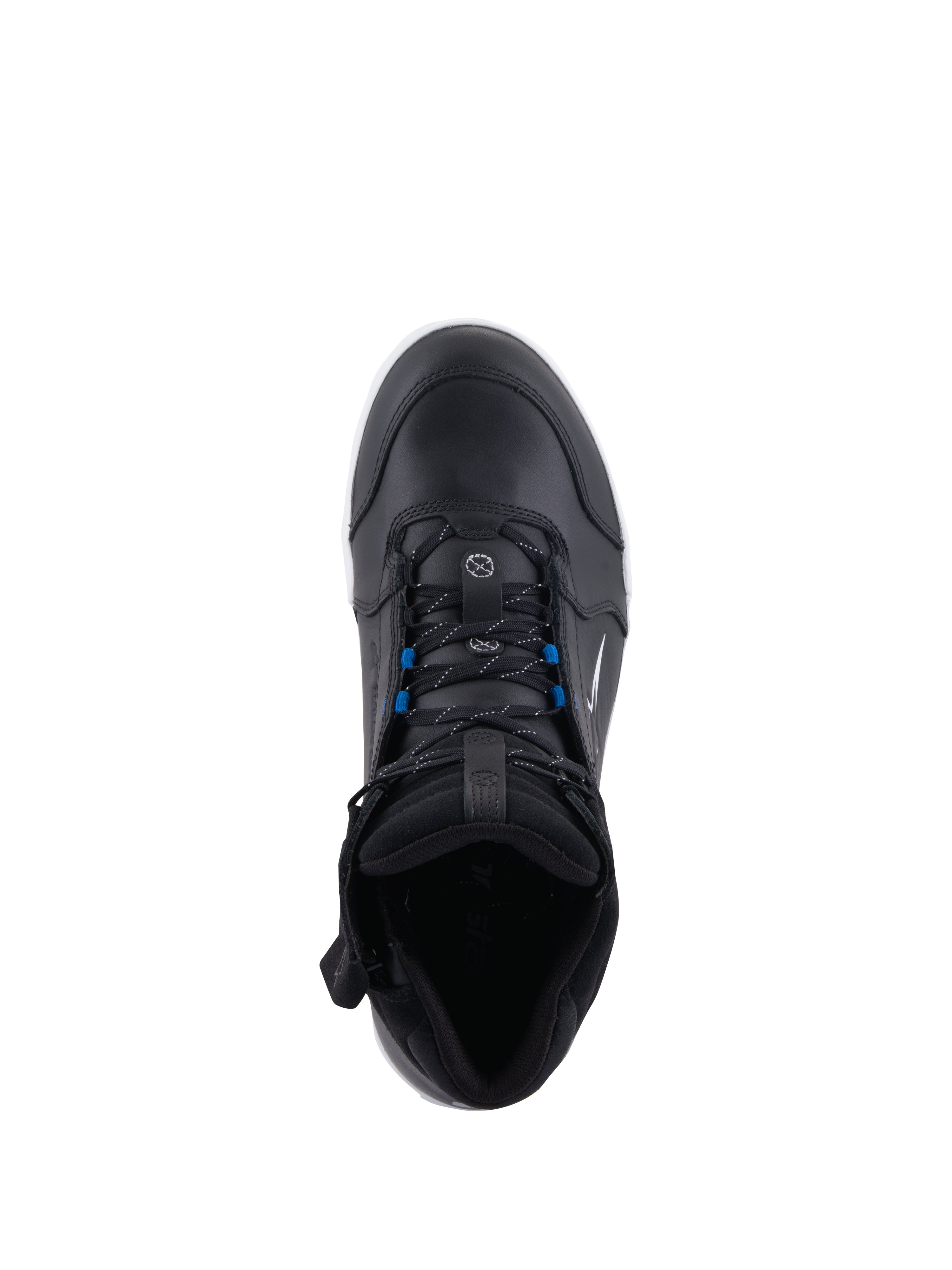 Alpinestars Chrome Drystar® Shoes, Urban Motorcycle Riding Shoes, Black White Blue, top-down view featuring black laces with blue accents, premium leather construction, and street-styled protective design