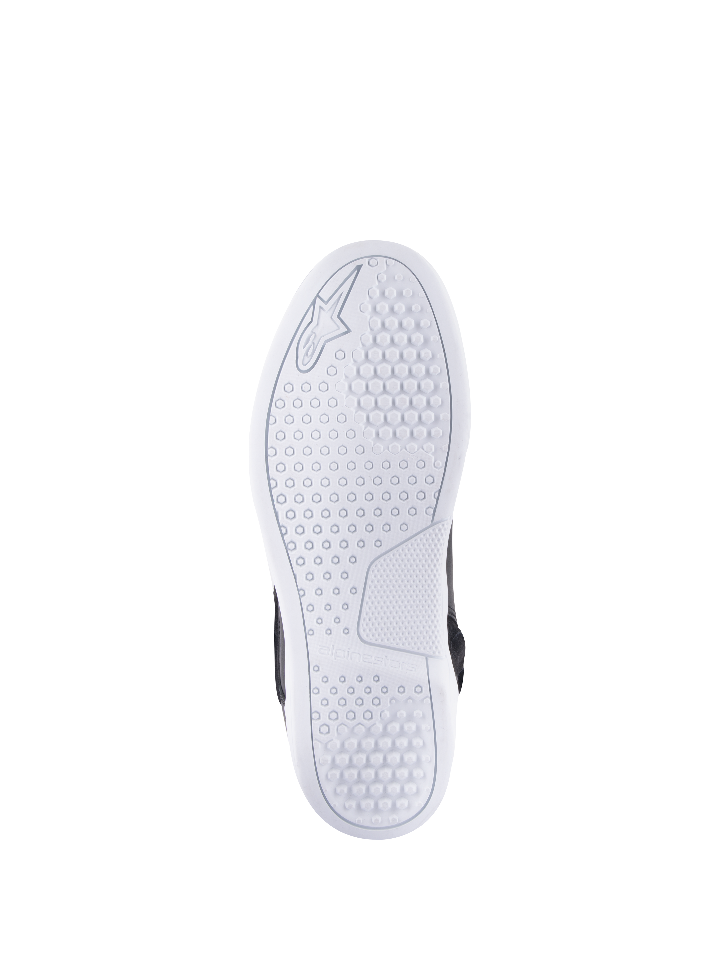 Alpinestars Chrome Drystar® Shoes, Bottom view of the sole, White, featuring a hexagonal grip pattern for traction, embossed Alpinestars logo and branding, casual urban motorcycle riding shoe