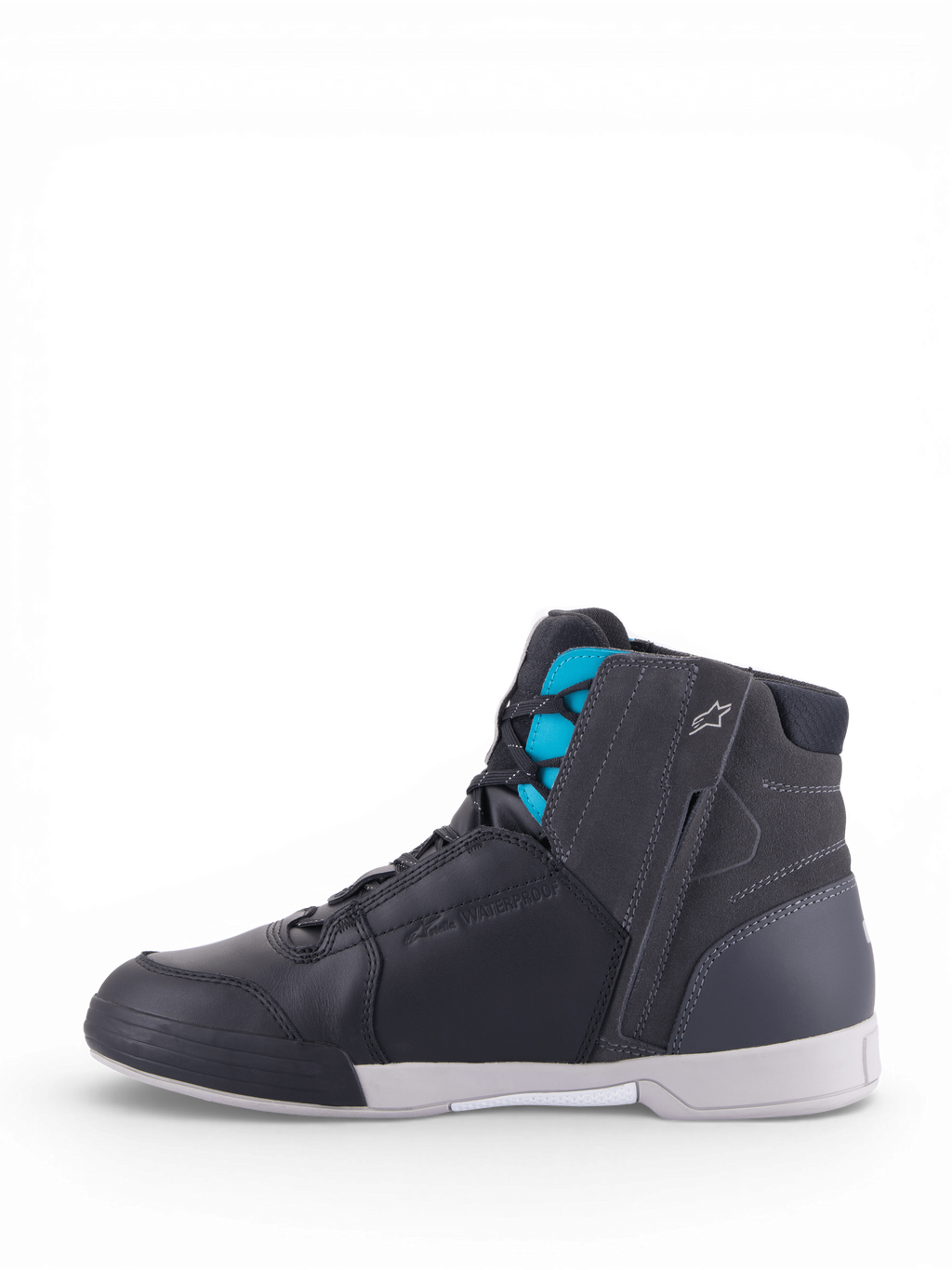 Alpinestars Stella Chrome Drystar waterdichte urban motorlaarzen voor dames, van zwart en turquoise leer met zijrits.