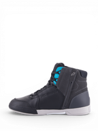 Alpinestars Stella Chrome Drystar waterdichte urban motorlaarzen voor dames, van zwart en turquoise leer met zijrits.