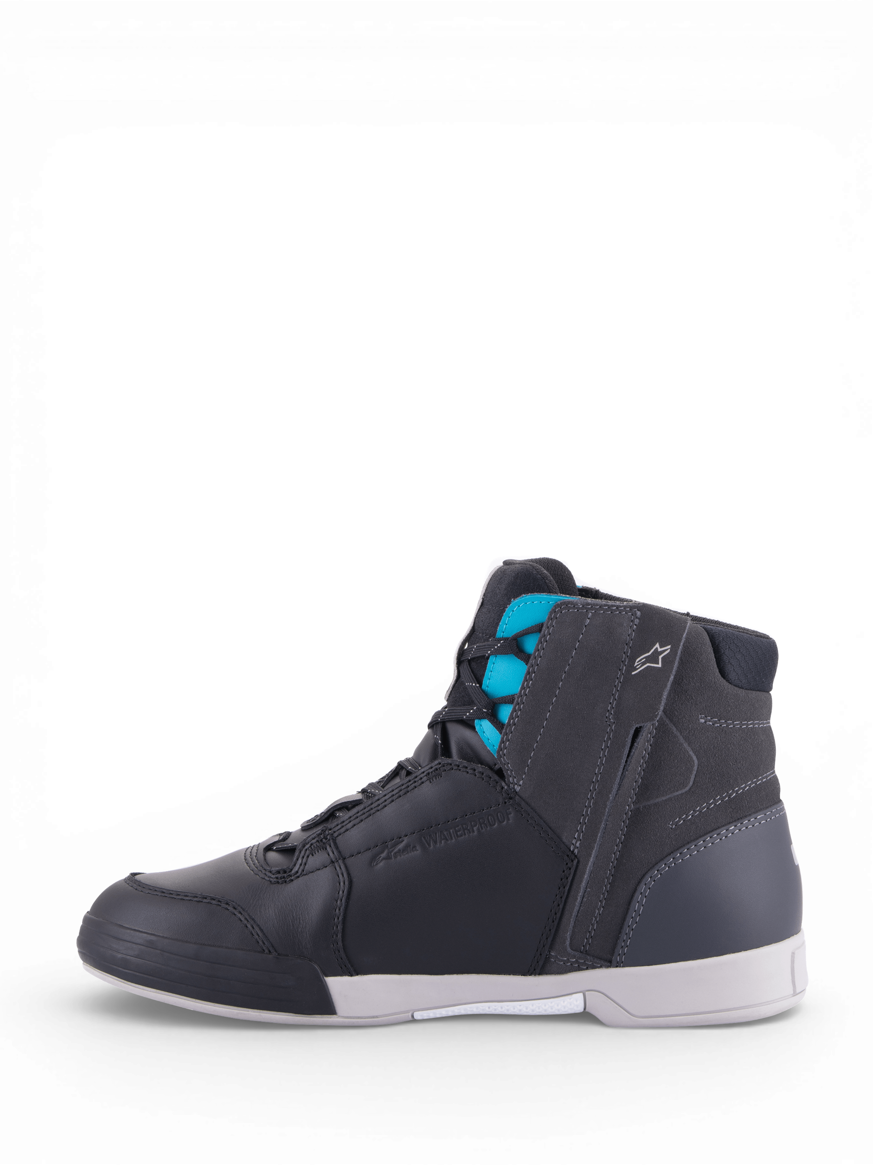Alpinestars Stella Chrome Drystar waterdichte urban motorlaarzen voor dames, van zwart en turquoise leer met zijrits.