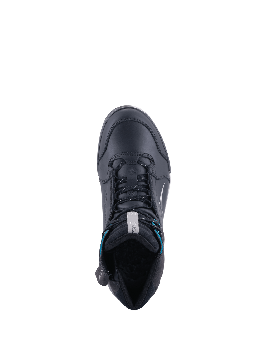 Alpinestars Chrome Drystar dames motorlaarzen, zwart en turquoise, waterdicht leer, bovenaanzicht.