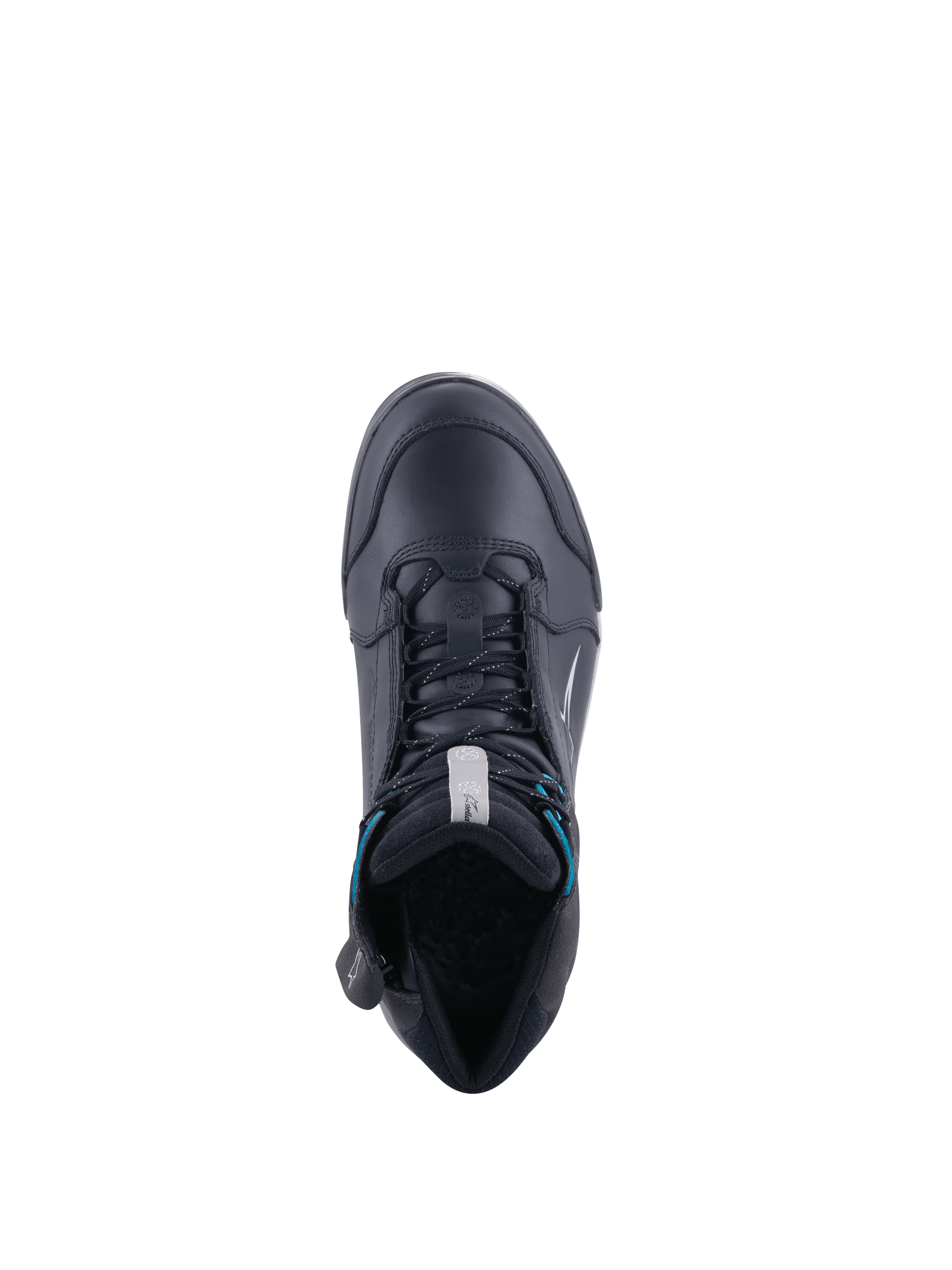 Alpinestars Chrome Drystar dames motorlaarzen, zwart en turquoise, waterdicht leer, bovenaanzicht.