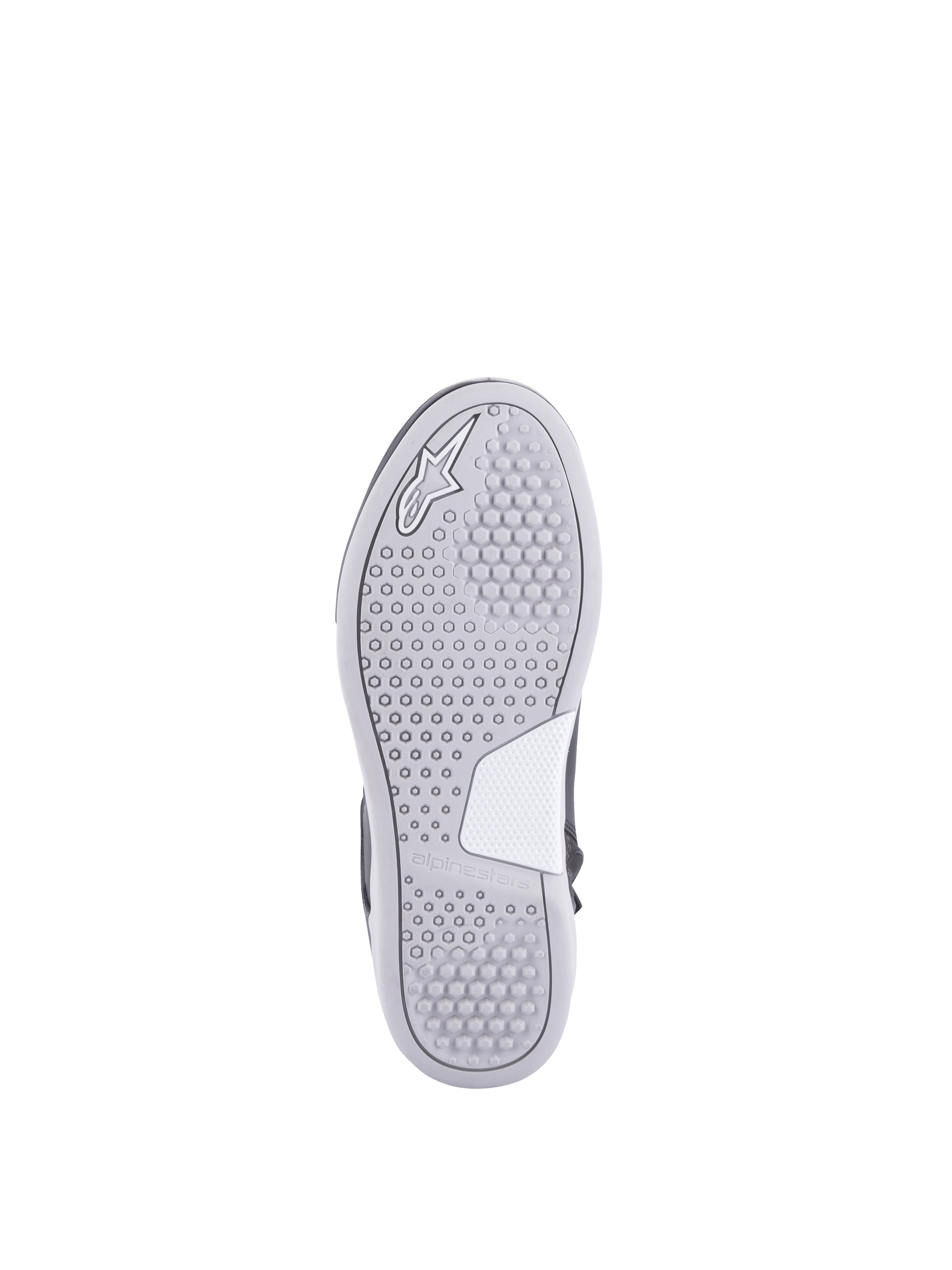 Alpinestars Stella Chrome Drystar® schoenen, dames urban motorlaarzen, wit en grijze rubberen zool met hexagonaal profiel.