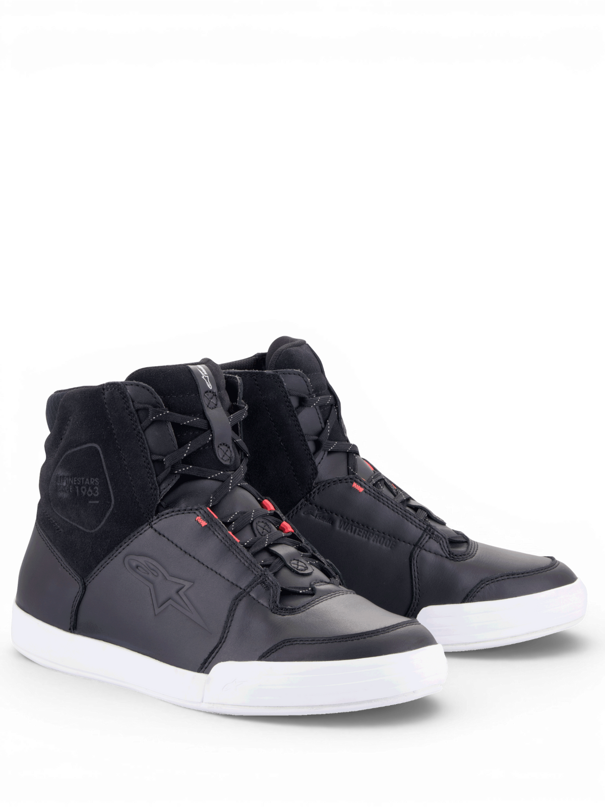 Alpinestars Chrome Drystar dames motorlaarzen, waterdichte zwarte urban sneakers van leer en suède met witte zool.