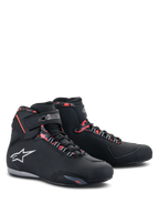Alpinestars Sektor Waterproof Shoes, Motorcycle Riding Shoes, Black Dark Gray and Red Fluo, featuring a white Alpinestars logo, high-top profile with lace-up and velcro strap closure, sleek waterproof design for road riding