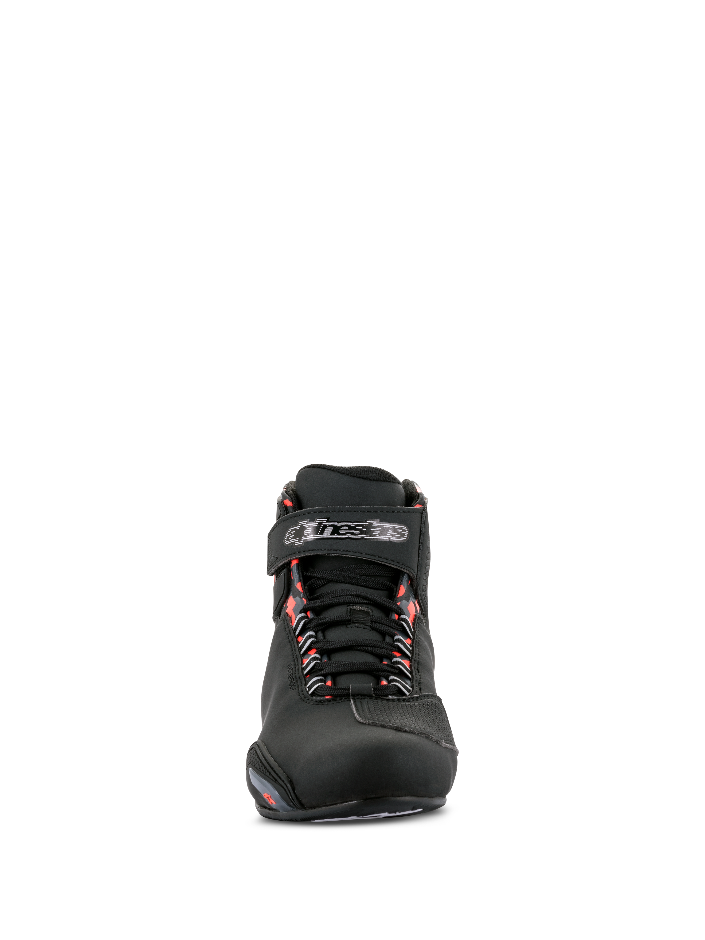 Alpinestars Sektor Waterproof Shoes, Motorcycle Riding Shoes, Black Dark Gray and Red Fluo, front view showing black microfiber chassis, lace-up closure with branded Velcro ankle strap, and red fluorescent accents on the eyelets.