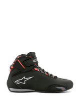 Alpinestars Sektor Waterproof Shoes, Motorcycle Riding Shoes, Black Dark Gray and Red Fluo, side profile featuring laces with Velcro strap, white logo, and red camo-style accents on the ankle collar.