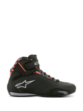 Alpinestars Sektor Waterproof Shoes, Black with Dark Gray and Red Fluo accents, side profile of a motorcycle riding shoe, features white Alpinestars logo, red camouflage pattern on the ankle, velcro strap, and waterproof construction for road riding