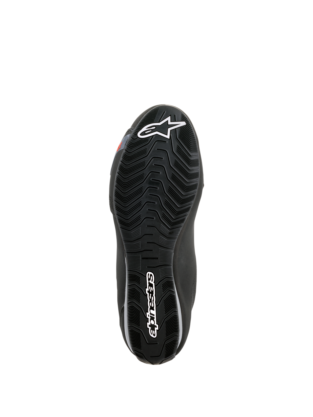 Alpinestars Sektor Waterproof Shoes, bottom sole view, black rubber with wave-pattern tread for water run-off, featuring white Astars logo and Alpinestars branding, designed for grip and motorcycle footpeg support