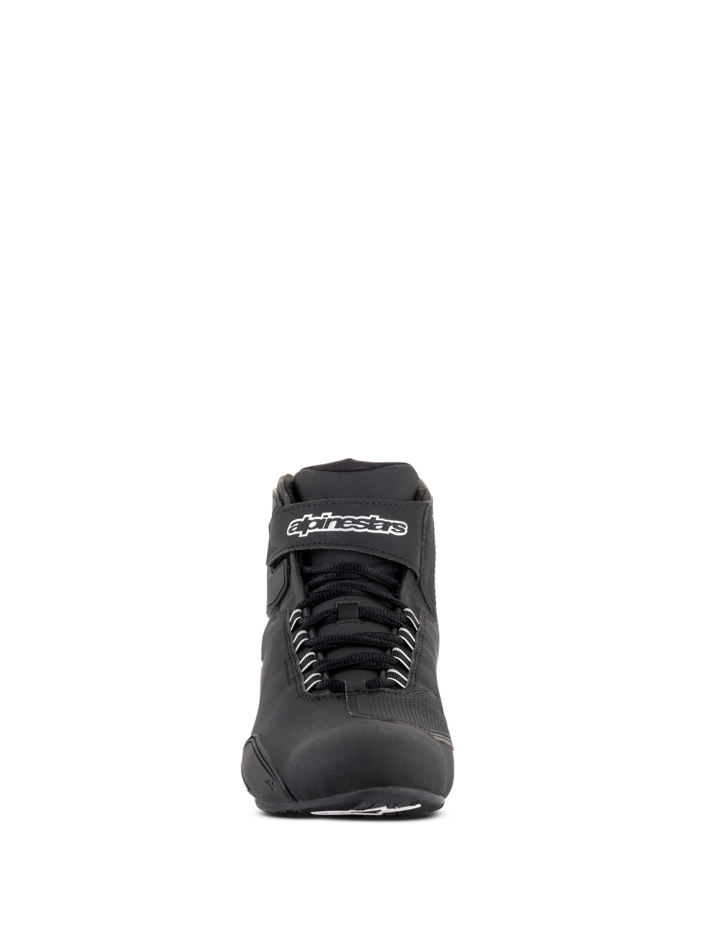 Alpinestars Sektor Waterproof Shoes, Black Riding Shoes, front view featuring black laces and a Velcro ankle strap with white Alpinestars logo, sleek microfiber design for all-weather motorcycle performance