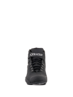 Alpinestars Sektor Waterproof Shoes, Black Riding Shoes, front view featuring black laces and a Velcro ankle strap with white Alpinestars logo, sleek microfiber design for all-weather motorcycle performance