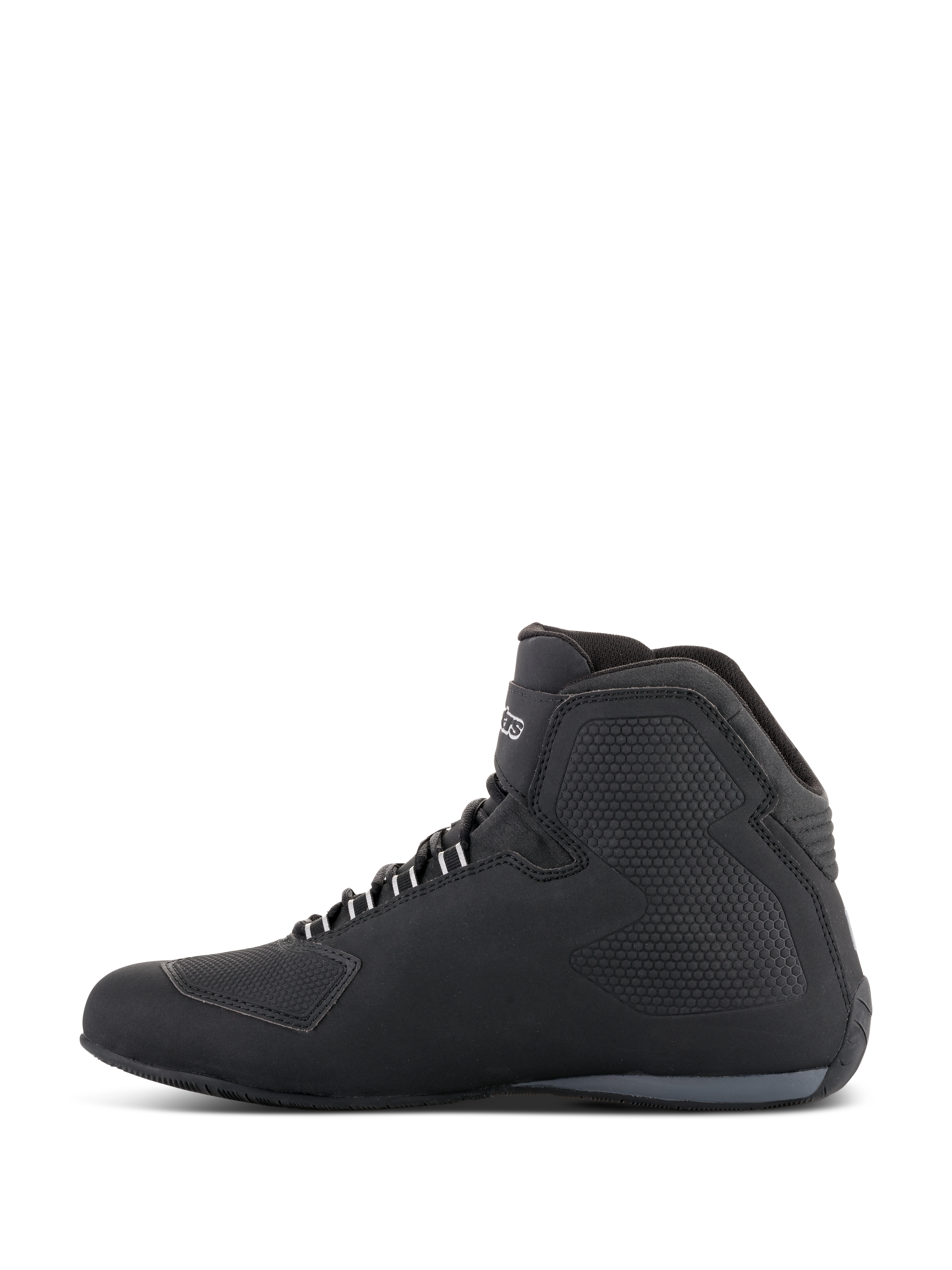 Alpinestars Sektor Waterproof Shoes, Motorcycle Riding Shoes, Black, side profile view showing a high-top design with microfiber upper, textured side panels, white lace eyelets, and brand logo on the ankle.