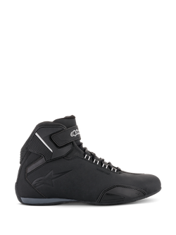 Alpinestars Sektor Waterproof Shoes, Motorcycle Riding Shoes, Black, side profile view, sleek microfiber chassis with waterproof membrane, reinforced toe-box, and secure hook-and-loop ankle strap
