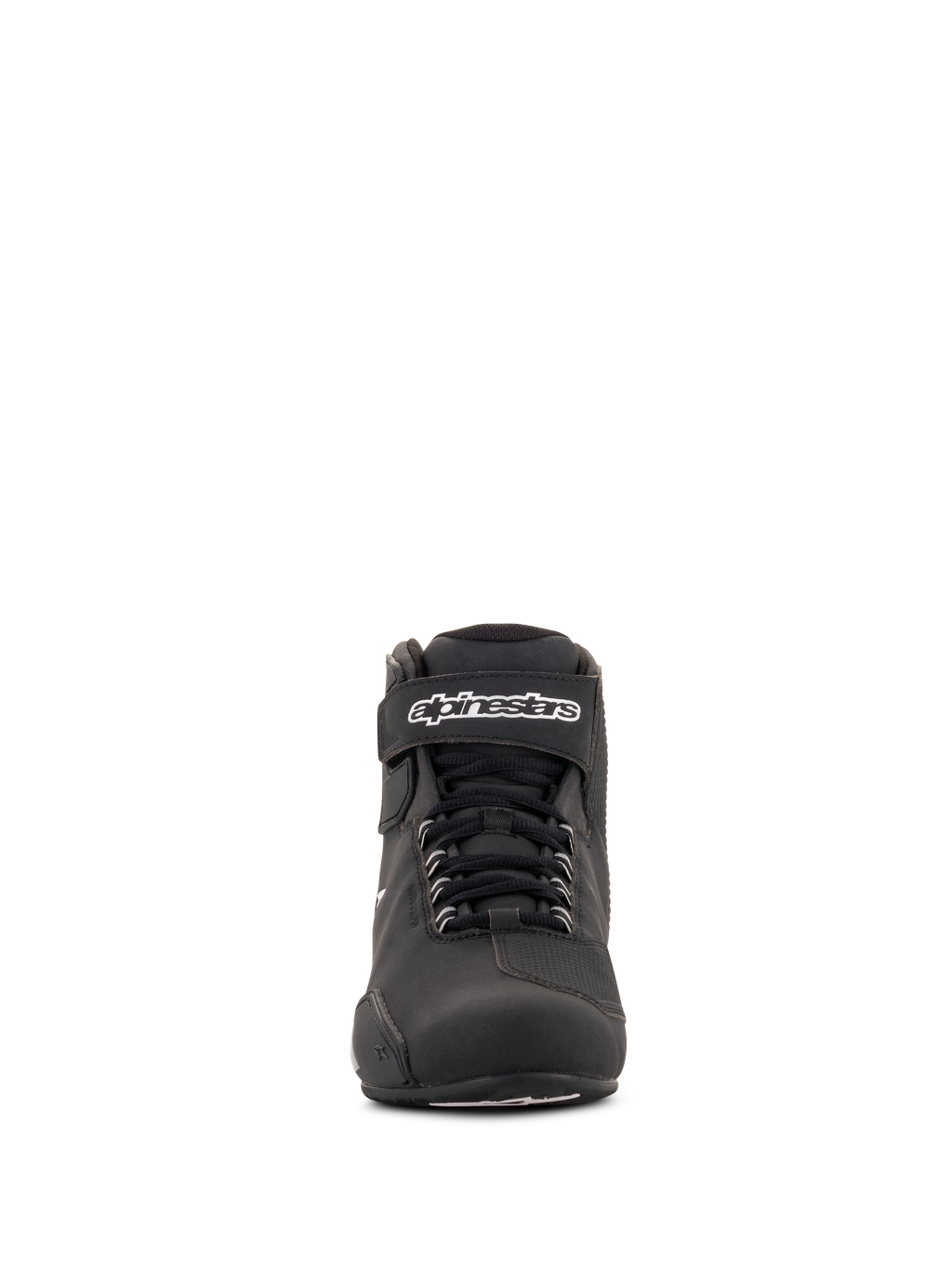 Alpinestars Stella Sektor Waterproof dames motorschoenen, zwart en zilver, vooraanzicht, lage motorschoen met snelvetersysteem, klittenband enkelband met wit logo en duurzame microvezelconstructie.