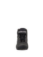 Alpinestars Stella Sektor Waterproof dames motorschoenen, zwart en zilver, vooraanzicht, lage motorschoen met snelvetersysteem, klittenband enkelband met wit logo en duurzame microvezelconstructie.