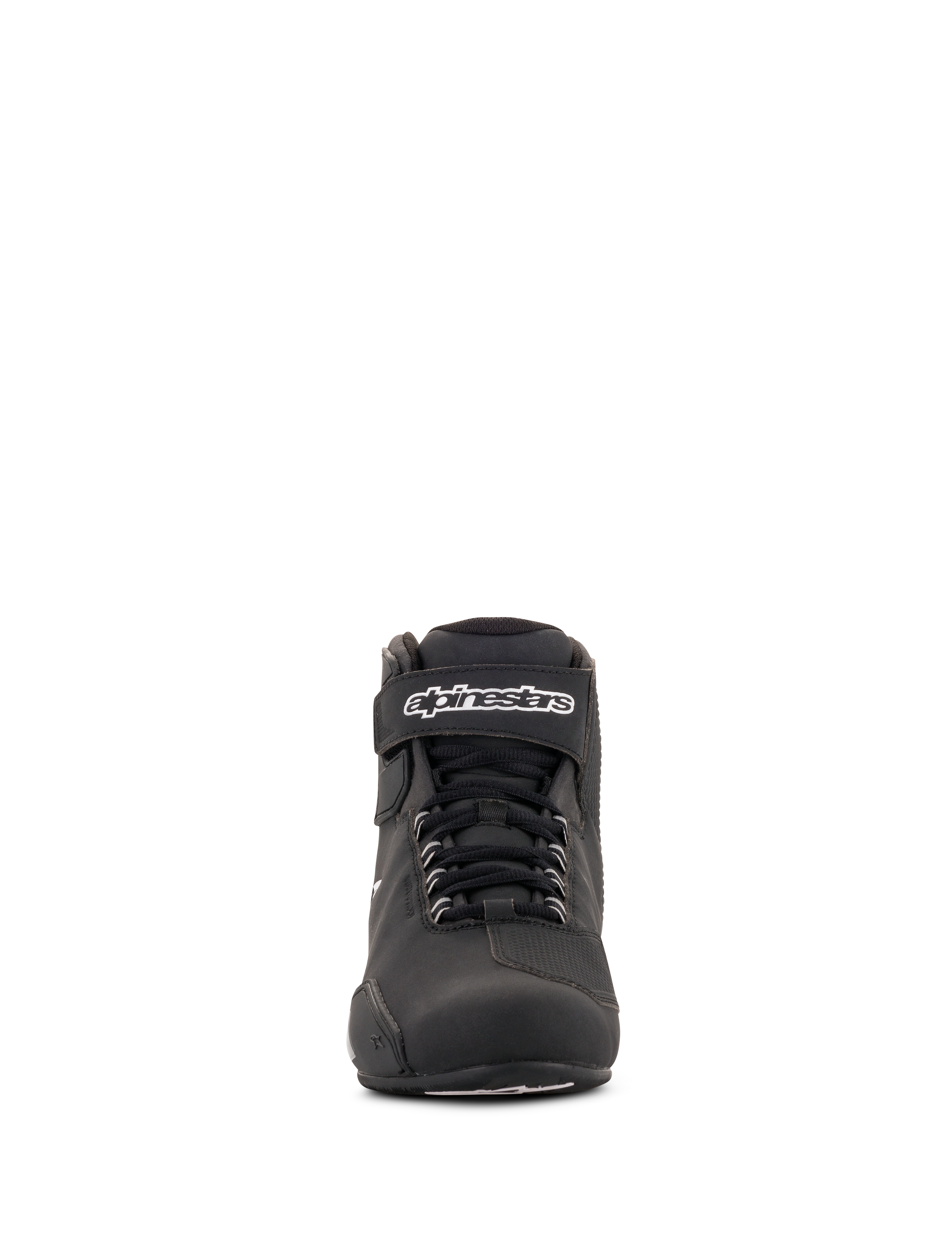 Alpinestars Stella Sektor Waterproof dames motorschoenen, zwart en zilver, vooraanzicht, lage motorschoen met snelvetersysteem, klittenband enkelband met wit logo en duurzame microvezelconstructie.