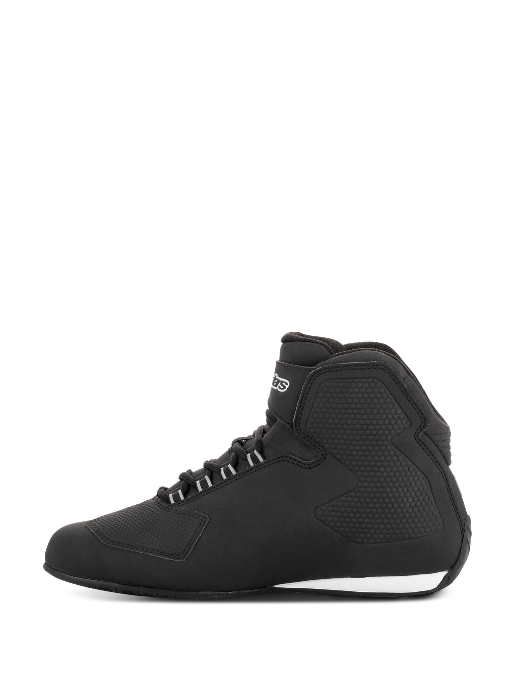 Alpinestars Stella Sektor Waterproof schoenen, motorschoenen voor dames, zwart zilver, zijaanzicht met een lichtgewicht microvezel bovenwerk, snelvetersysteem met zilveren accenten en een slanke waterdichte constructie met geïntegreerde beschermingspanelen.