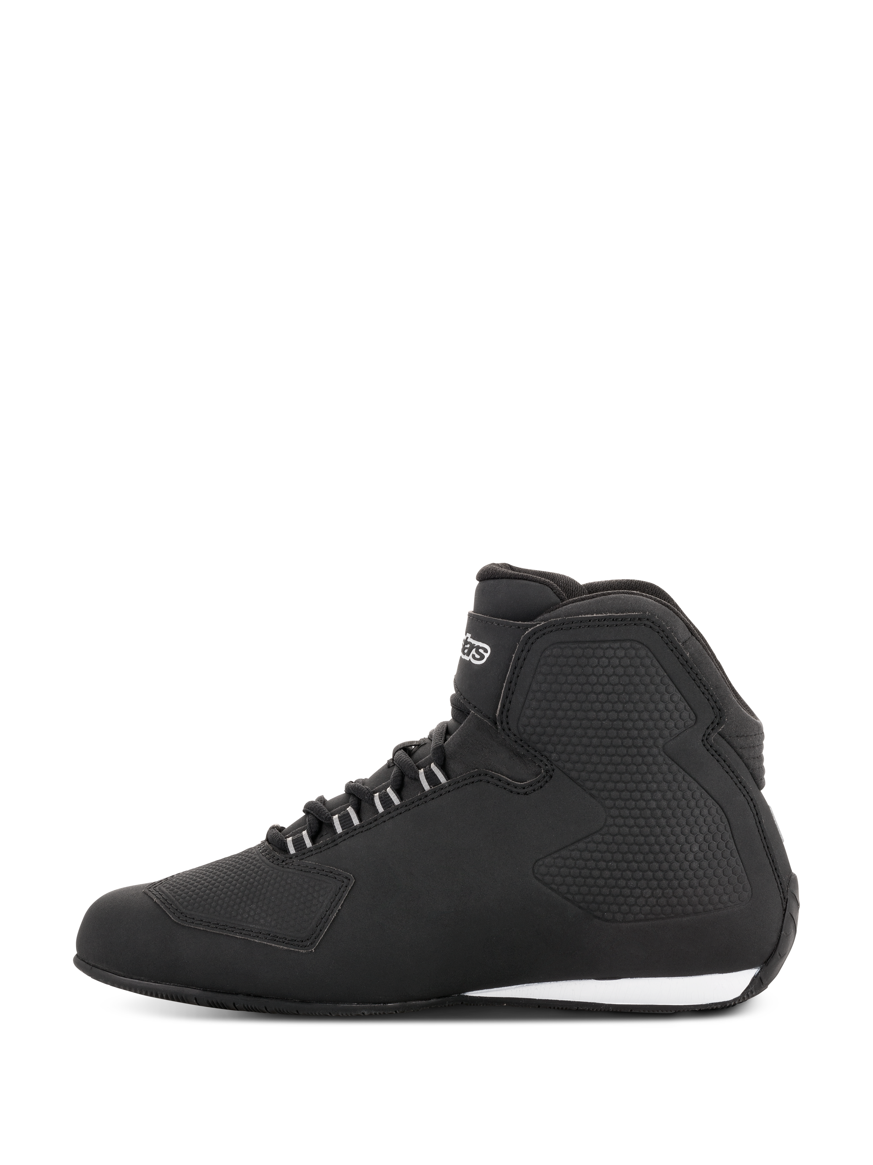 Alpinestars Stella Sektor Waterproof schoenen, motorschoenen voor dames, zwart zilver, zijaanzicht met een lichtgewicht microvezel bovenwerk, snelvetersysteem met zilveren accenten en een slanke waterdichte constructie met geïntegreerde beschermingspanelen.