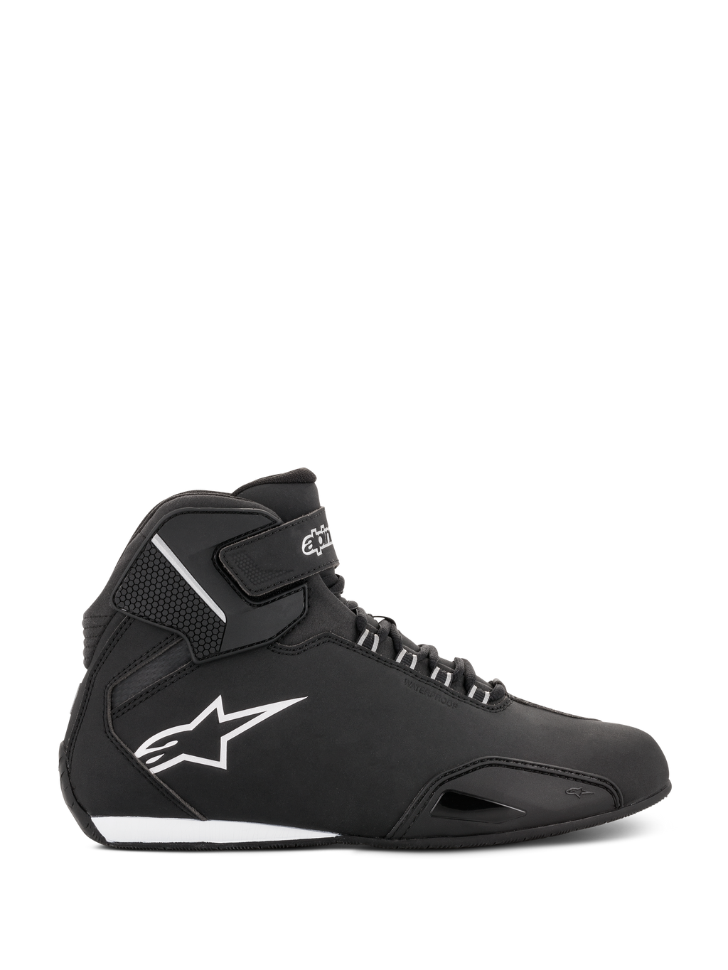 Alpinestars Stella Sektor Waterproof damesschoenen, hoge motorschoen, zwart en zilver, zijprofiel met een lichtgewicht microvezel chassis, wit Astars-logo en een veilige veter- en klittenbandsluiting