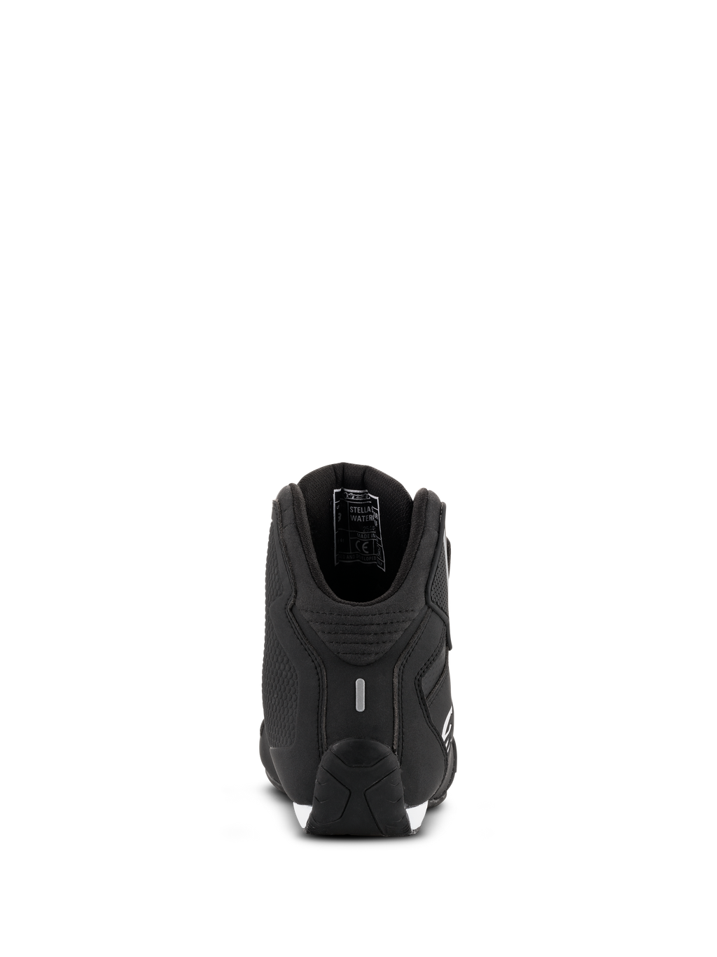 Alpinestars Stella Sektor Waterproof damesschoenen, motorrijdschoenen, zwart zilver, achteraanzicht met versterkte hiel en reflecterend detail, lichtgewicht chassis van microvezel met waterdichte membraanvoering