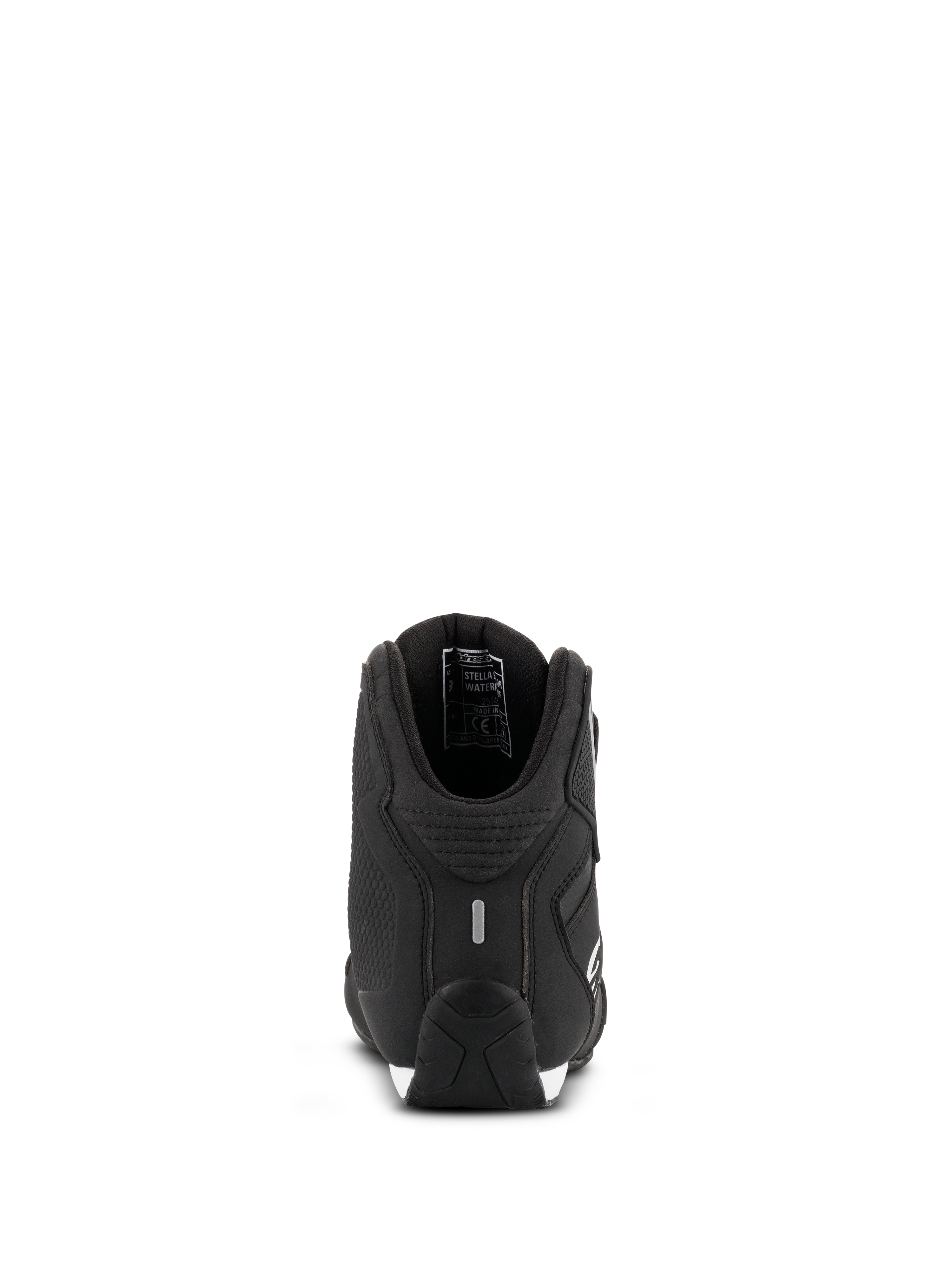 Alpinestars Stella Sektor Waterproof damesschoenen, motorrijdschoenen, zwart zilver, achteraanzicht met versterkte hiel en reflecterend detail, lichtgewicht chassis van microvezel met waterdichte membraanvoering