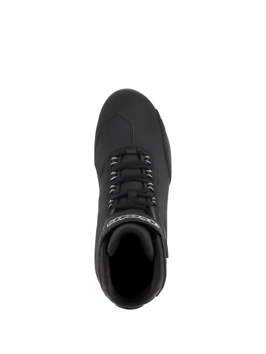 Alpinestars Stella Sektor Waterproof schoenen, motorschoenen voor dames, zwart zilver, bovenaanzicht met snelvetersysteem en riempje met merklogo, bovenwerk van microvezel met getextureerd schakelpaneel voor rijden op de weg