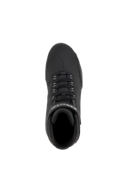 Alpinestars Stella Sektor Waterproof schoenen, motorschoenen voor dames, zwart zilver, bovenaanzicht met snelvetersysteem en riempje met merklogo, bovenwerk van microvezel met getextureerd schakelpaneel voor rijden op de weg