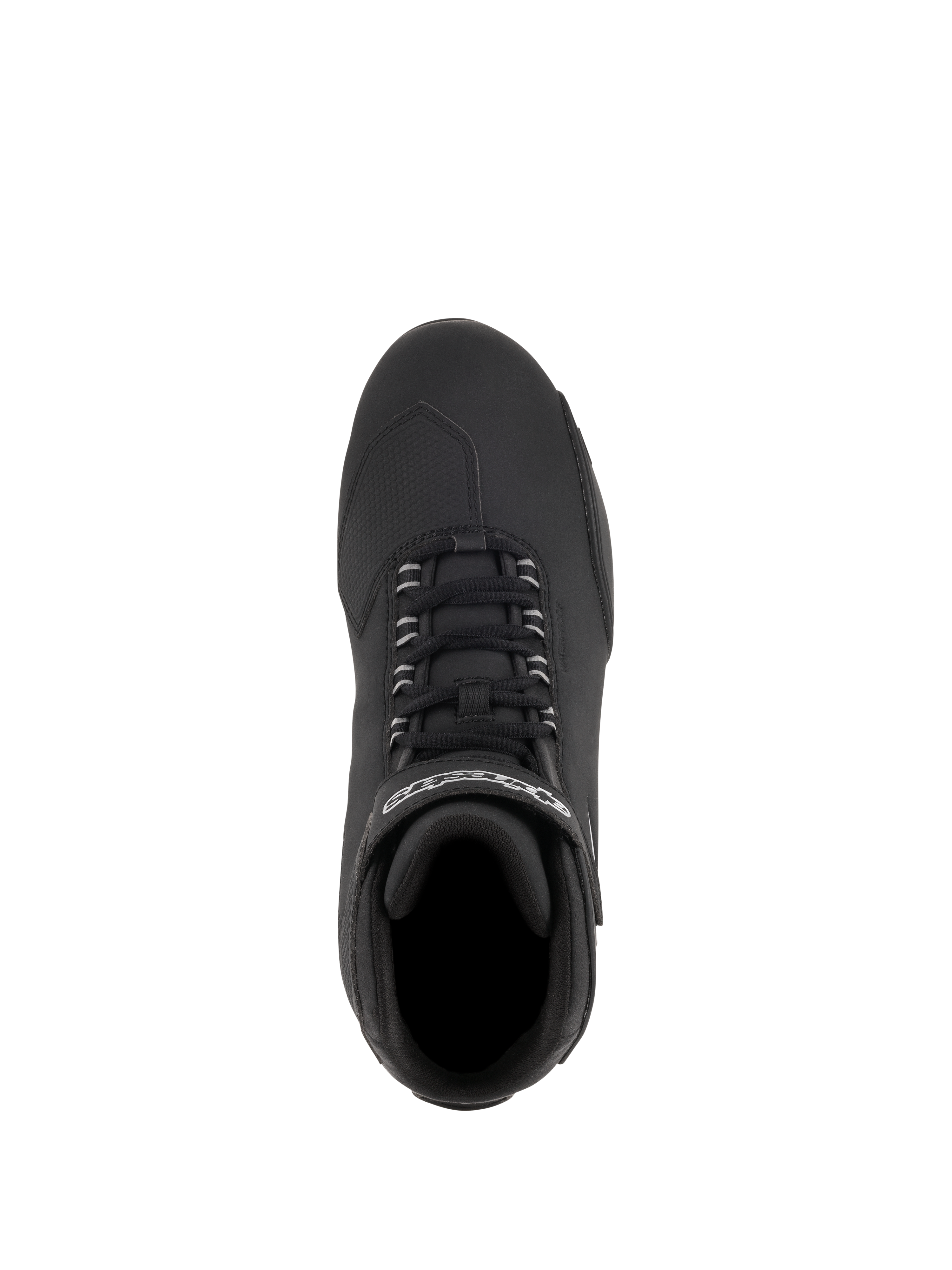 Alpinestars Stella Sektor Waterproof schoenen, motorschoenen voor dames, zwart zilver, bovenaanzicht met snelvetersysteem en riempje met merklogo, bovenwerk van microvezel met getextureerd schakelpaneel voor rijden op de weg