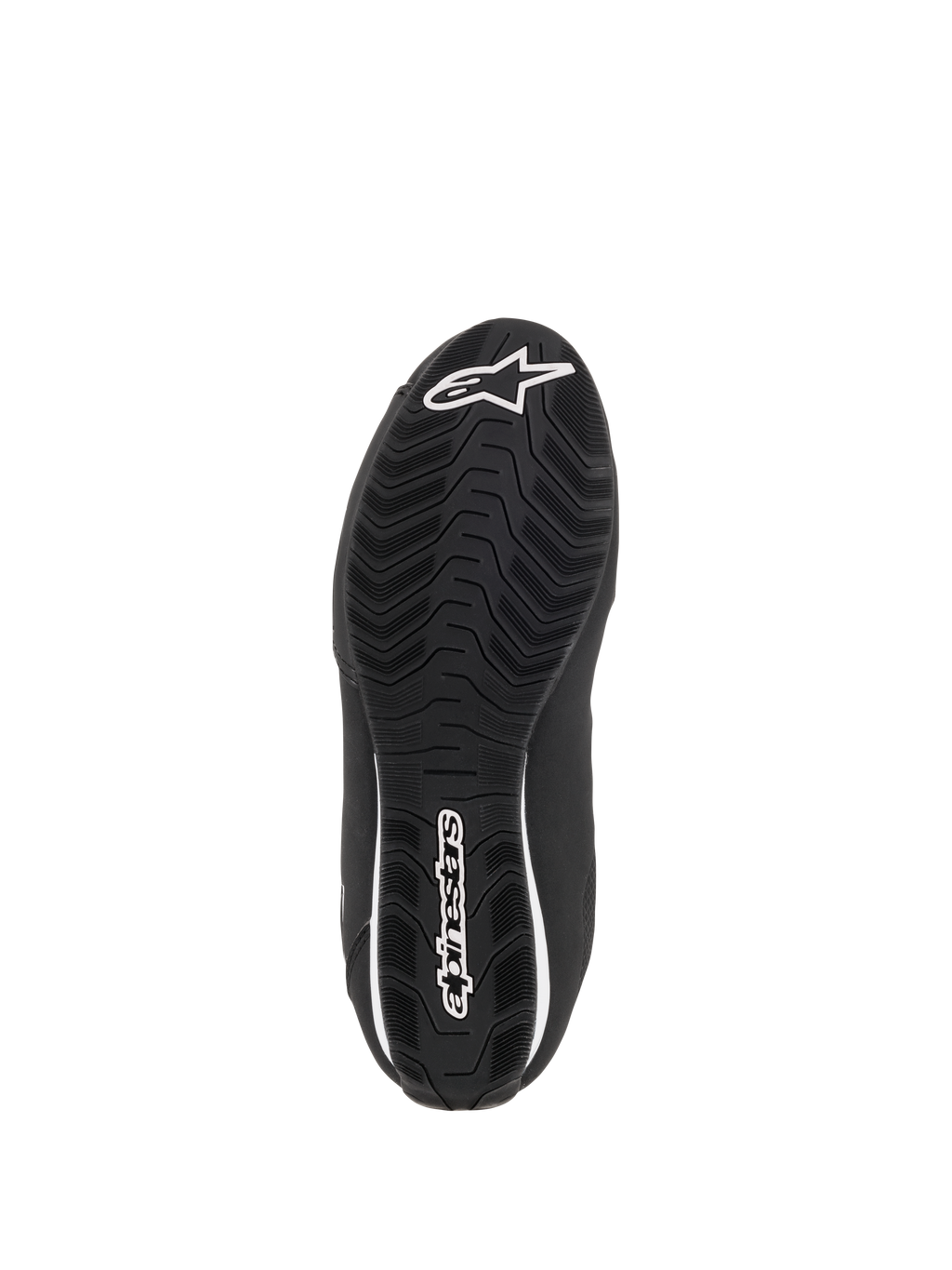 Alpinestars Stella Sektor Waterproof damesschoenen, onderaanzicht van de zwarte rubberen zool, met een getextureerd golvend grippatroon voor tractie, wit Alpinestars sterlogo en woordmerk, ontworpen voor waterafvoer en grip.