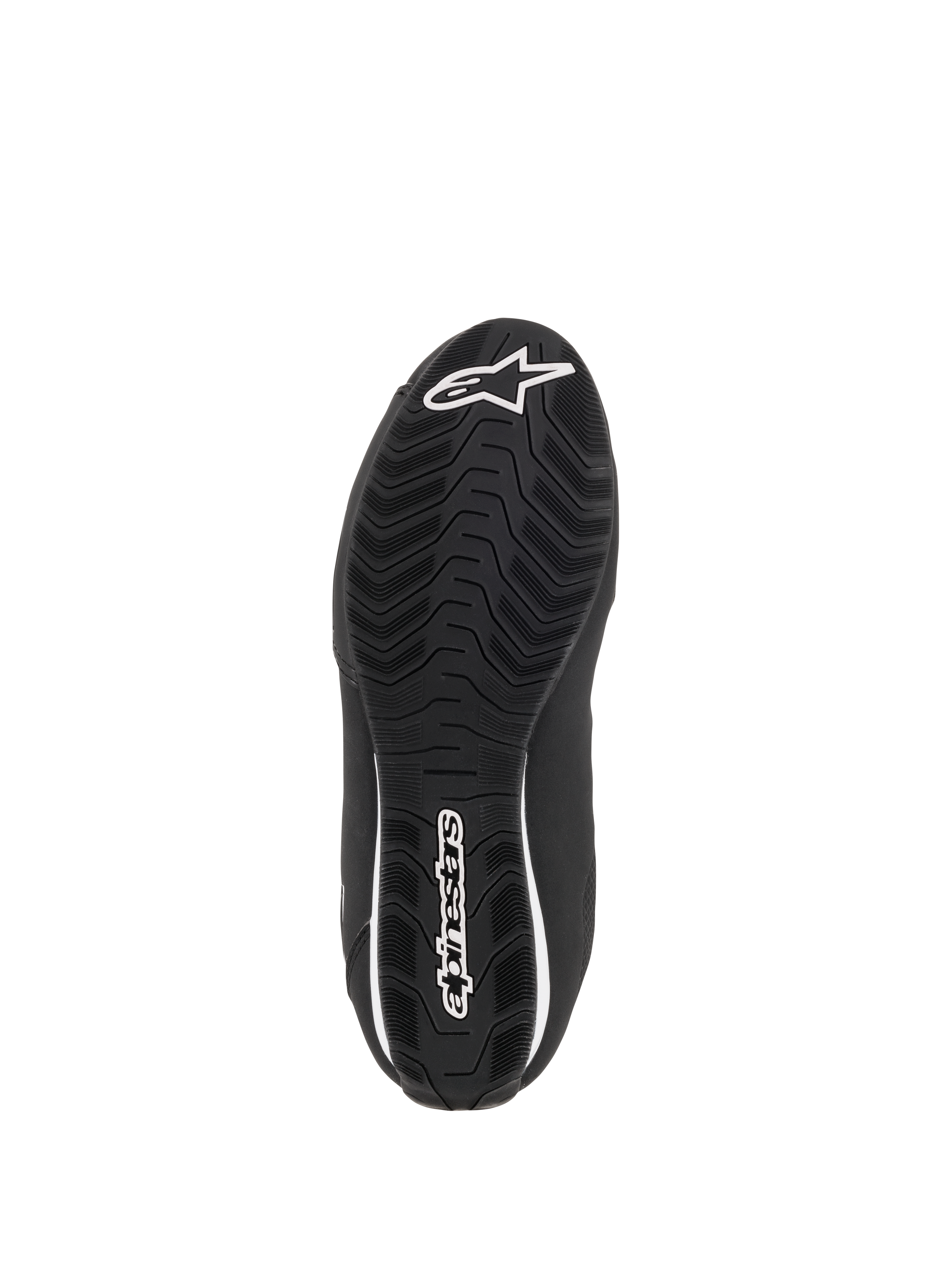 Alpinestars Stella Sektor Waterproof damesschoenen, onderaanzicht van de zwarte rubberen zool, met een getextureerd golvend grippatroon voor tractie, wit Alpinestars sterlogo en woordmerk, ontworpen voor waterafvoer en grip.