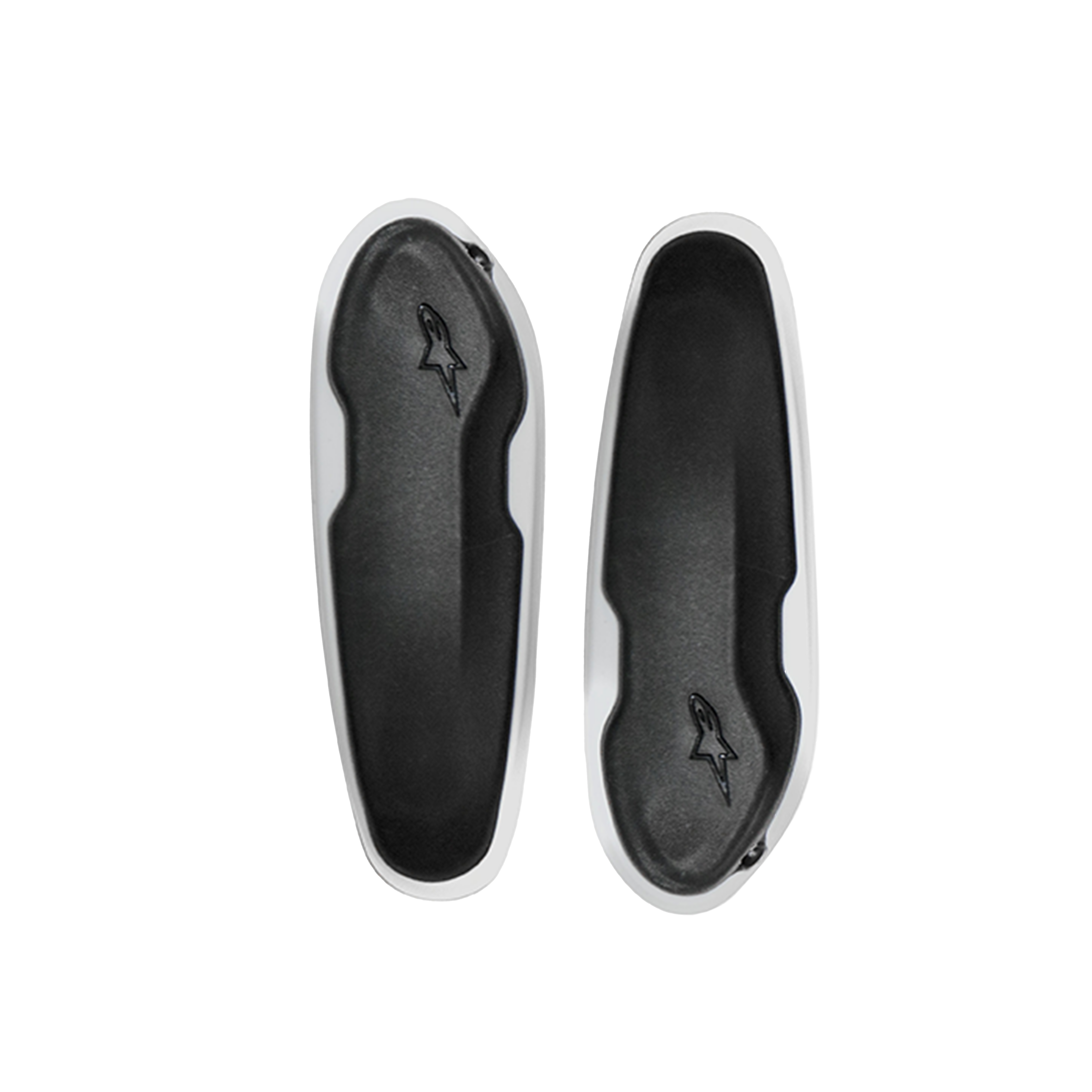 Alpinestars Toe Slider, motorcycle racing boot replacement sliders, Black and White, oval-shaped protection pads with embossed star logo, durable metal spare parts for racing boots