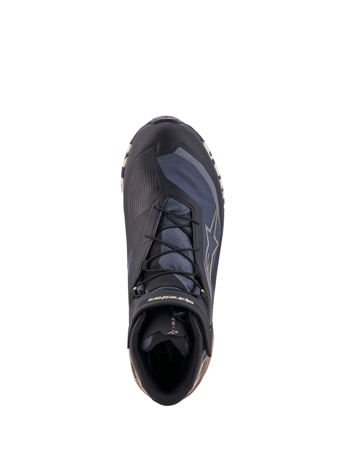 Alpinestars Cr X Gore Tex Schoenen, motorschoenen, top-down-weergave in zwart, donkergrijs en beige, synthetische constructie met GORE-TEX waterdichtheid en snelvetersysteem