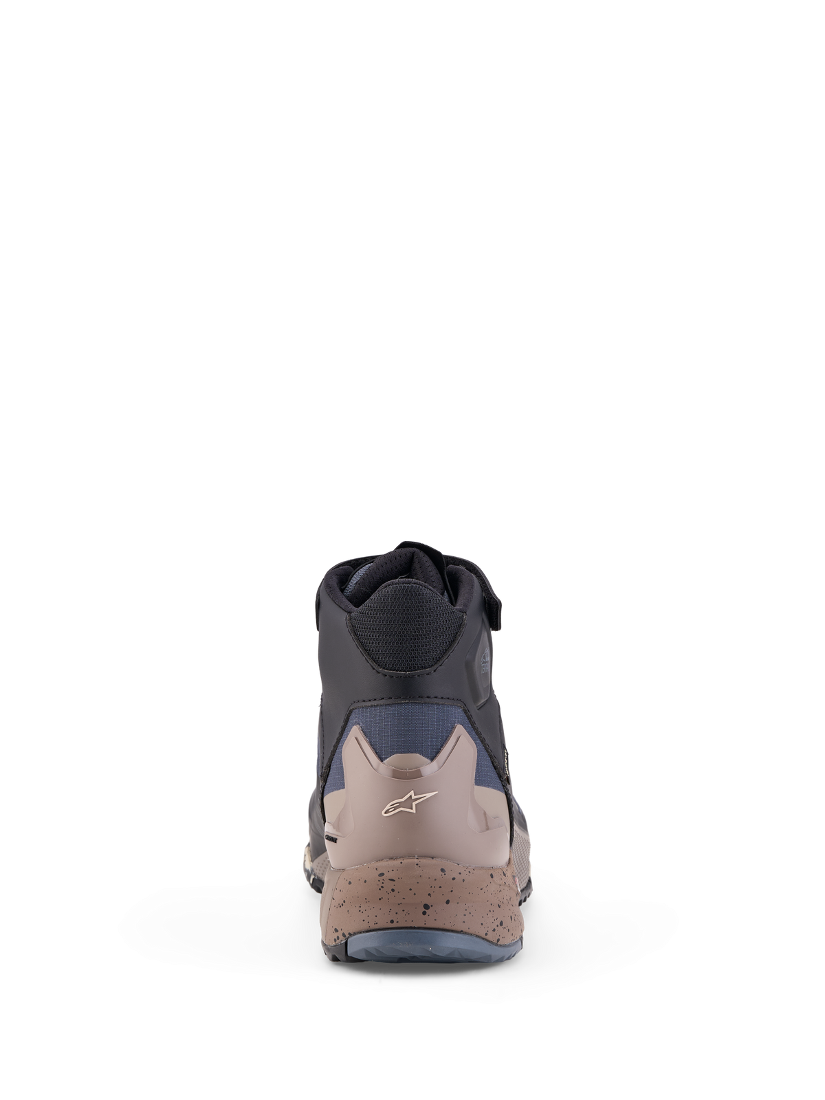 Alpinestars CR-X Gore-Tex schoenen, all-terrain low-top motorschoenen, zwart, donkergrijs en beige, achteraanzicht met beschermende hielkap en spikkelzool
