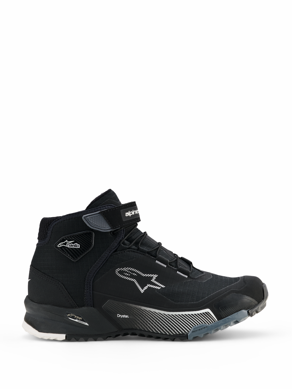 Alpinestars CR-X Women's Drystar motorrijschoenen, zwarte hoge motorsneakers voor dames, zijaanzicht van urban rijschoeisel met vetersluiting en klittenband enkelband, wit Alpinestars sterlogo, 'Drystar' en 'TPF' branding op de tussenzool, robuuste rubberen zool met witte en grijze patronen.