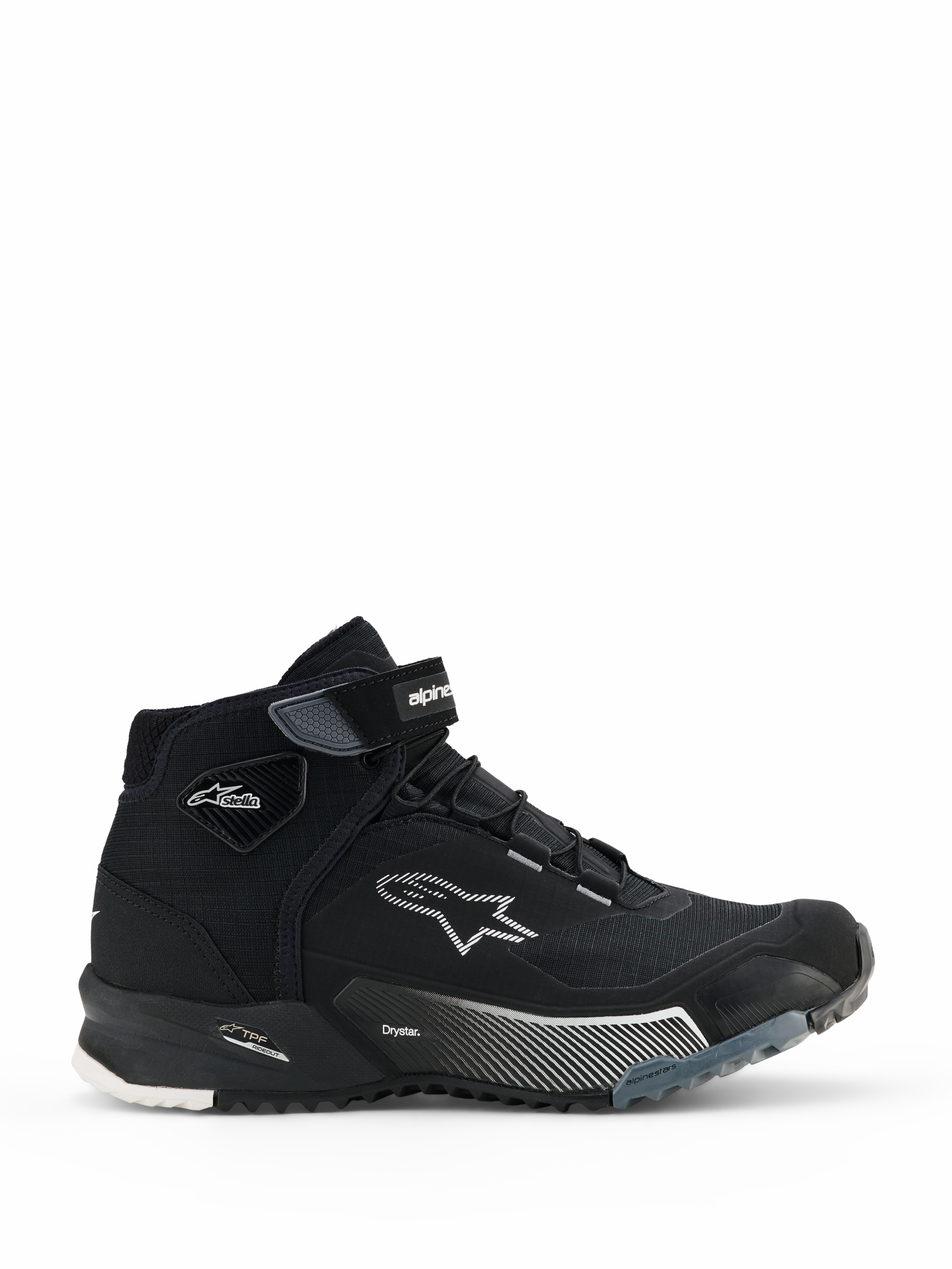 Alpinestars CR-X Women's Drystar Riding Shoes, Black high-top motorcycle sneakers, side view of women's urban riding footwear with lace-up closure and Velcro ankle strap, white Alpinestars star logo, 'Drystar' and 'TPF' branding on the midsole, rugged rubber sole with white and gray patterns.