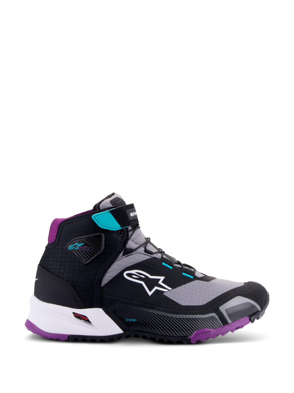 Alpinestars CR-X Women's Drystar® motorschoen, zwart grijs plum teal, hoge motorschoen, wit Alpinestars-logo op de zijkant, paarse buitenzool en hielvoering, teal accenten op de enkelband en veterlussen, strak sportief ontwerp voor toerrijden en woon-werkverkeer